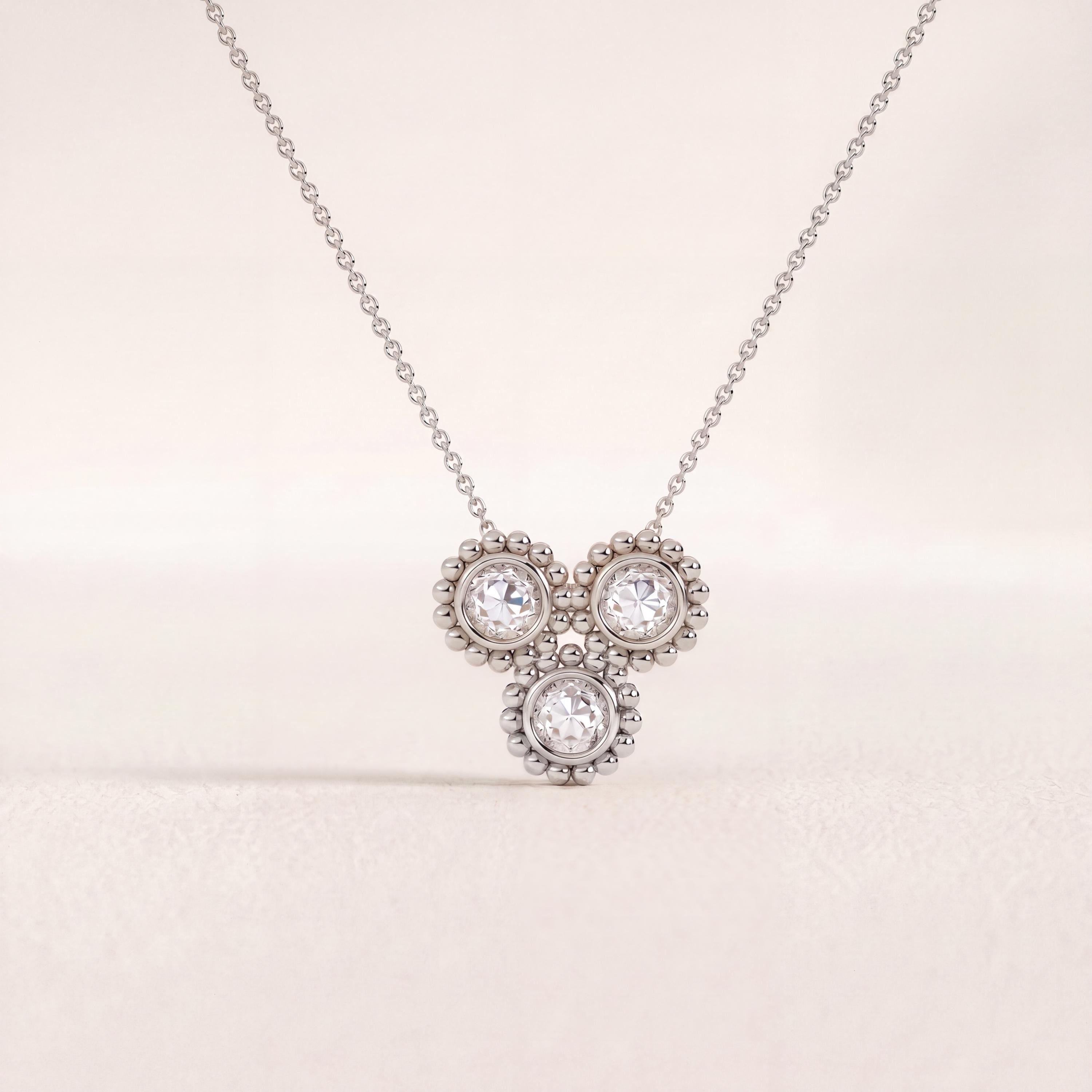 Round Diamond Three Stone Beaded Dainty Necklace 14K Solid Gold Pendant