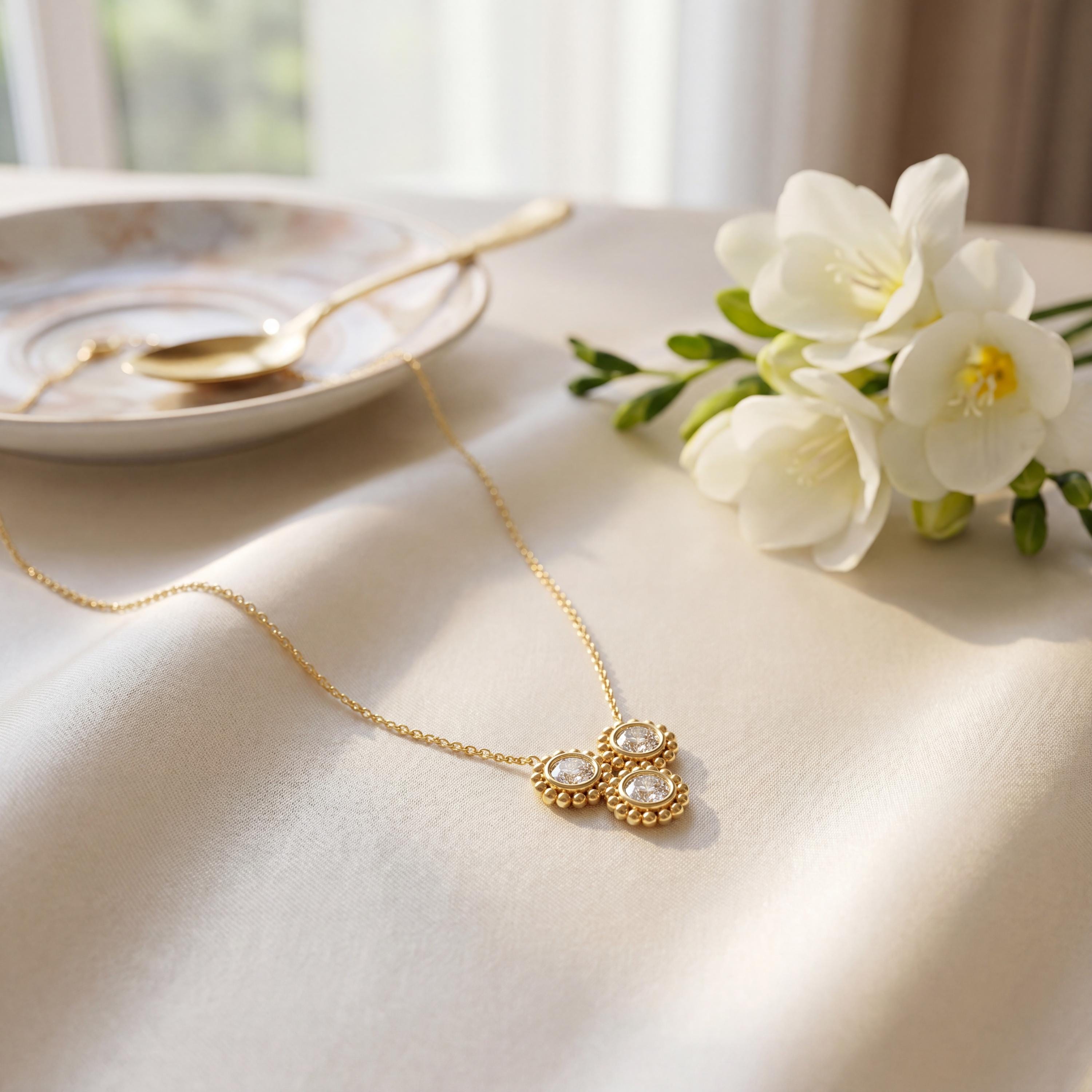 Round Diamond Three Stone Beaded Dainty Necklace 14K Solid Gold Pendant