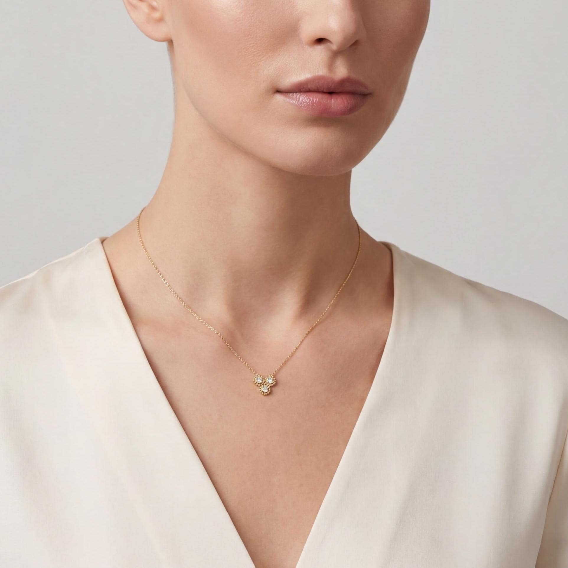 Round Diamond Three Stone Beaded Dainty Necklace 14K Solid Gold Pendant