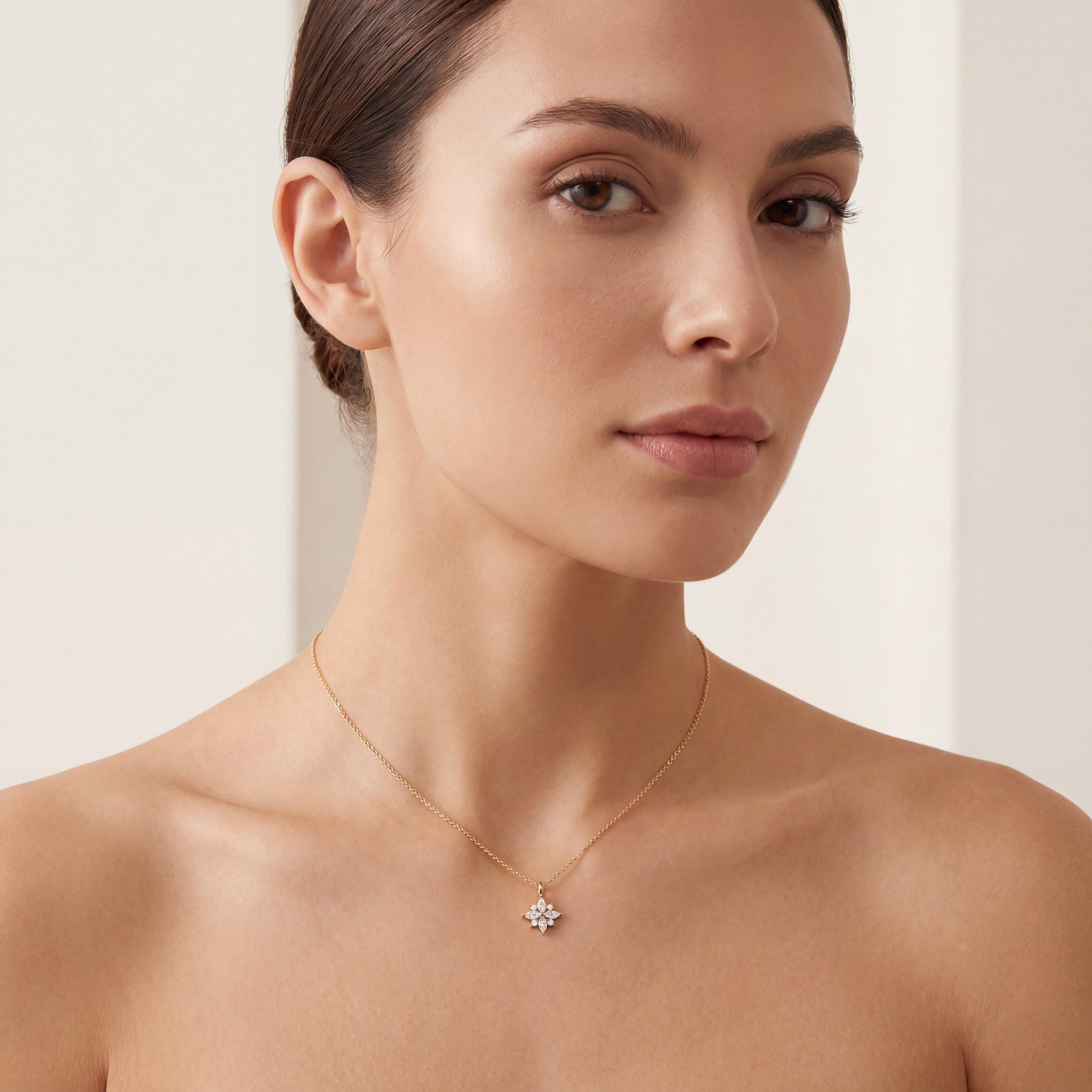 Marquise Diamond Dainty Cluster Pendant Necklace 14K Solid Gold