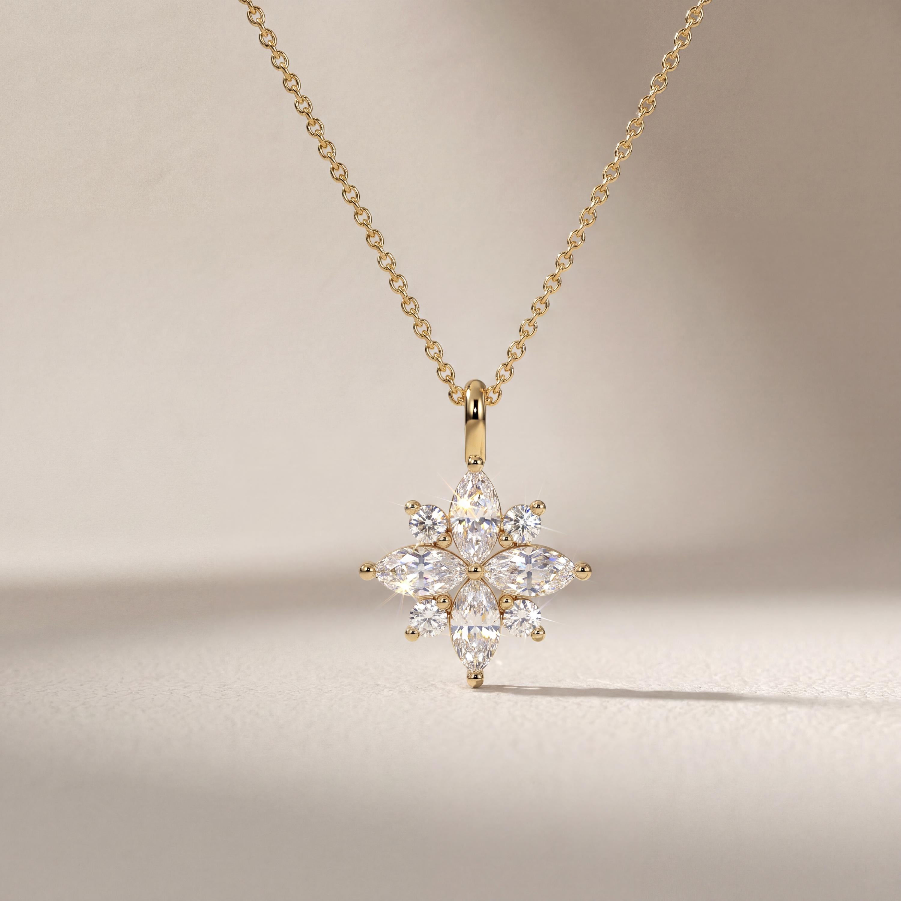 Marquise Diamond Dainty Cluster Pendant Necklace 14K Solid Gold