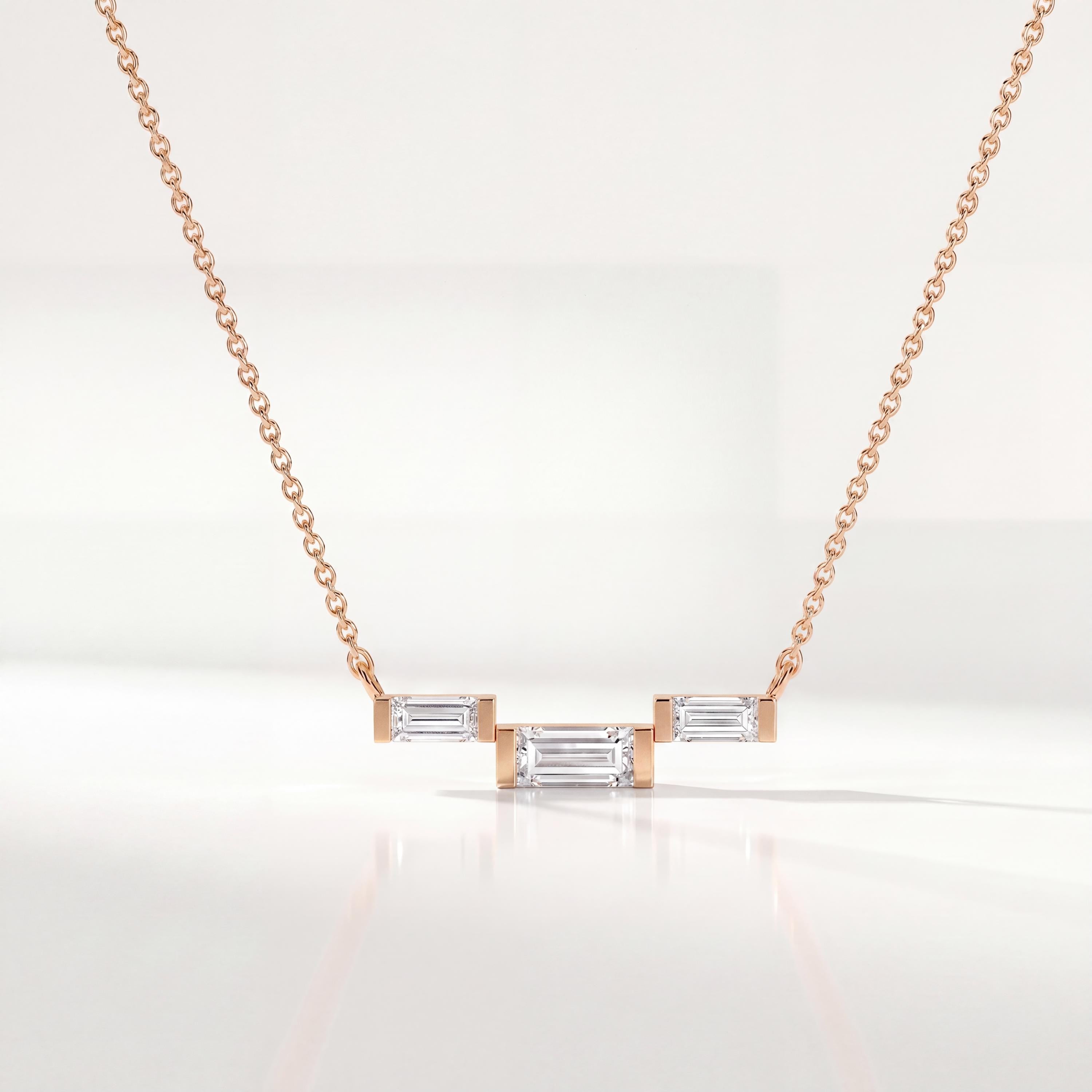 3 Stone Baguette Diamond Dainty Bar Set 14K Solid Gold Pendant Necklace
