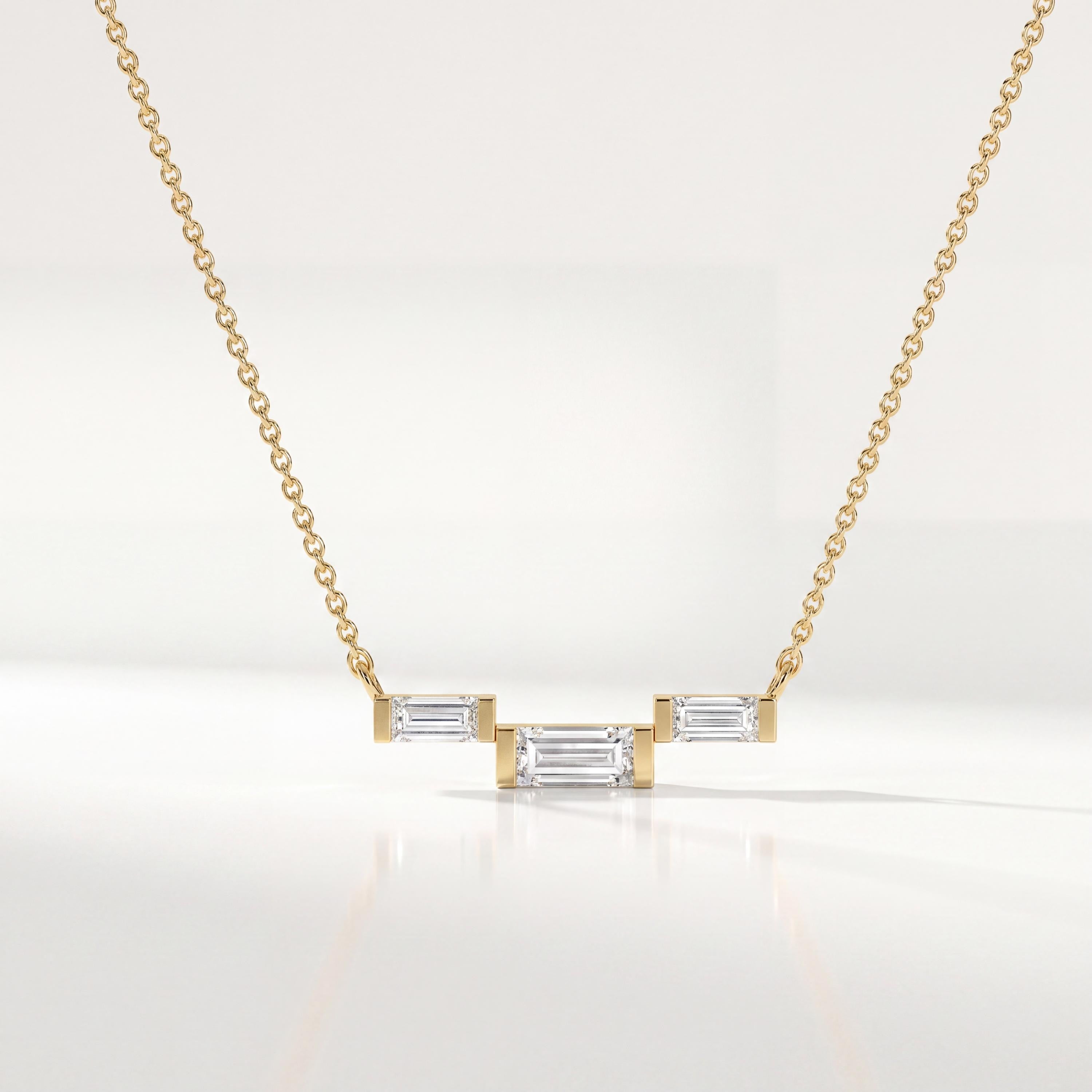 3 Stone Baguette Diamond Dainty Bar Set 14K Solid Gold Pendant Necklace