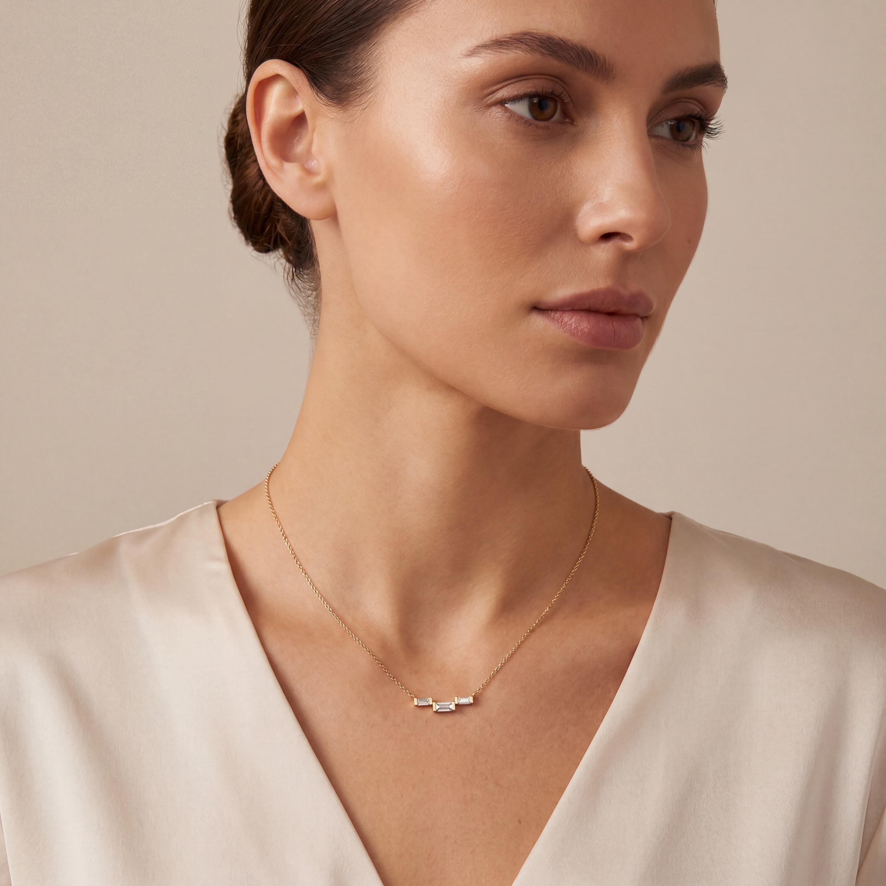 3 Stone Baguette Diamond Dainty Bar Set 14K Solid Gold Pendant Necklace