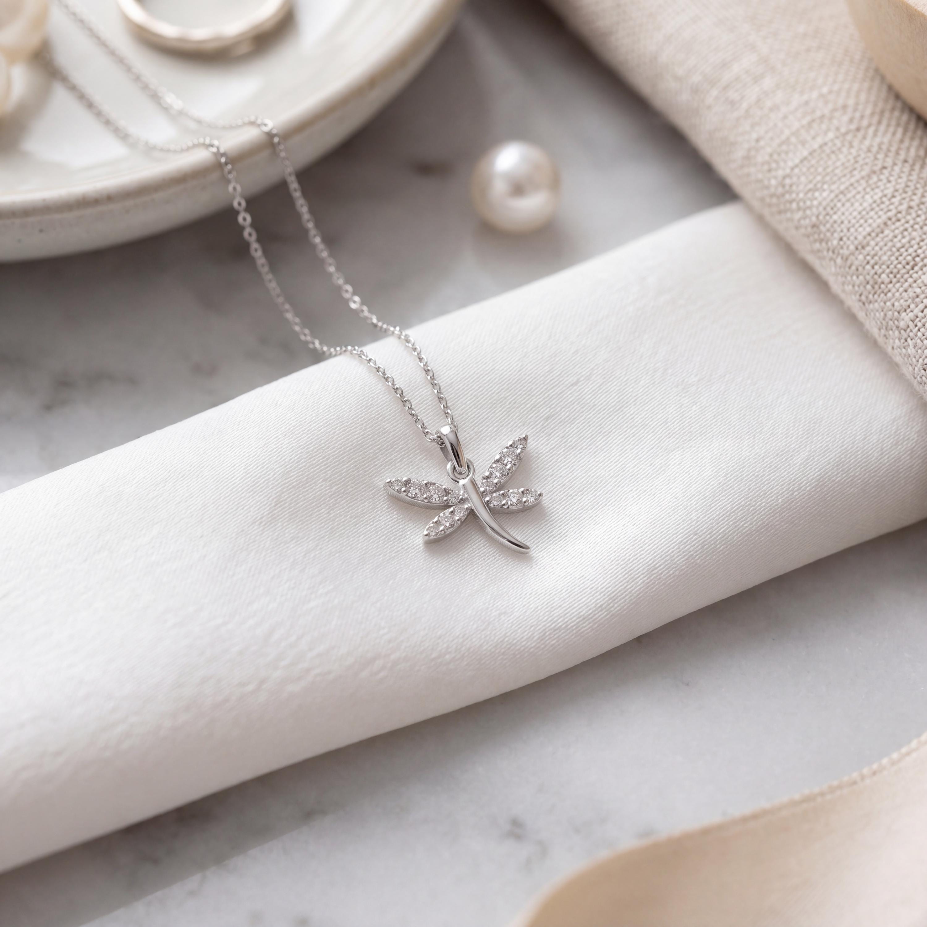 Round Diamond Dainty Dragonfly 14K Solid Gold Pendant Necklace