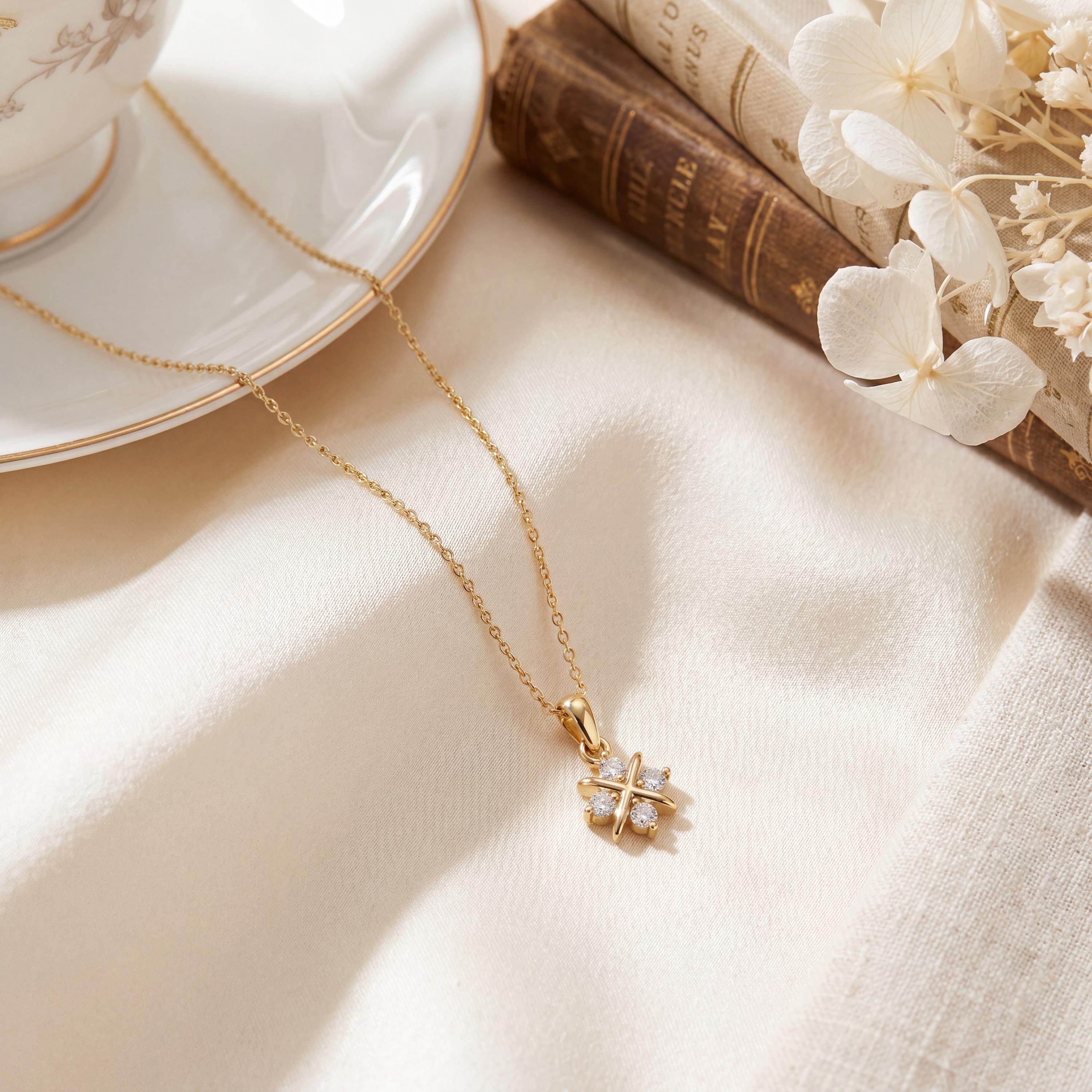 4 Stone Brilliant Cut Diamond Floral 14K Gold Pendant Necklace Gift For Her