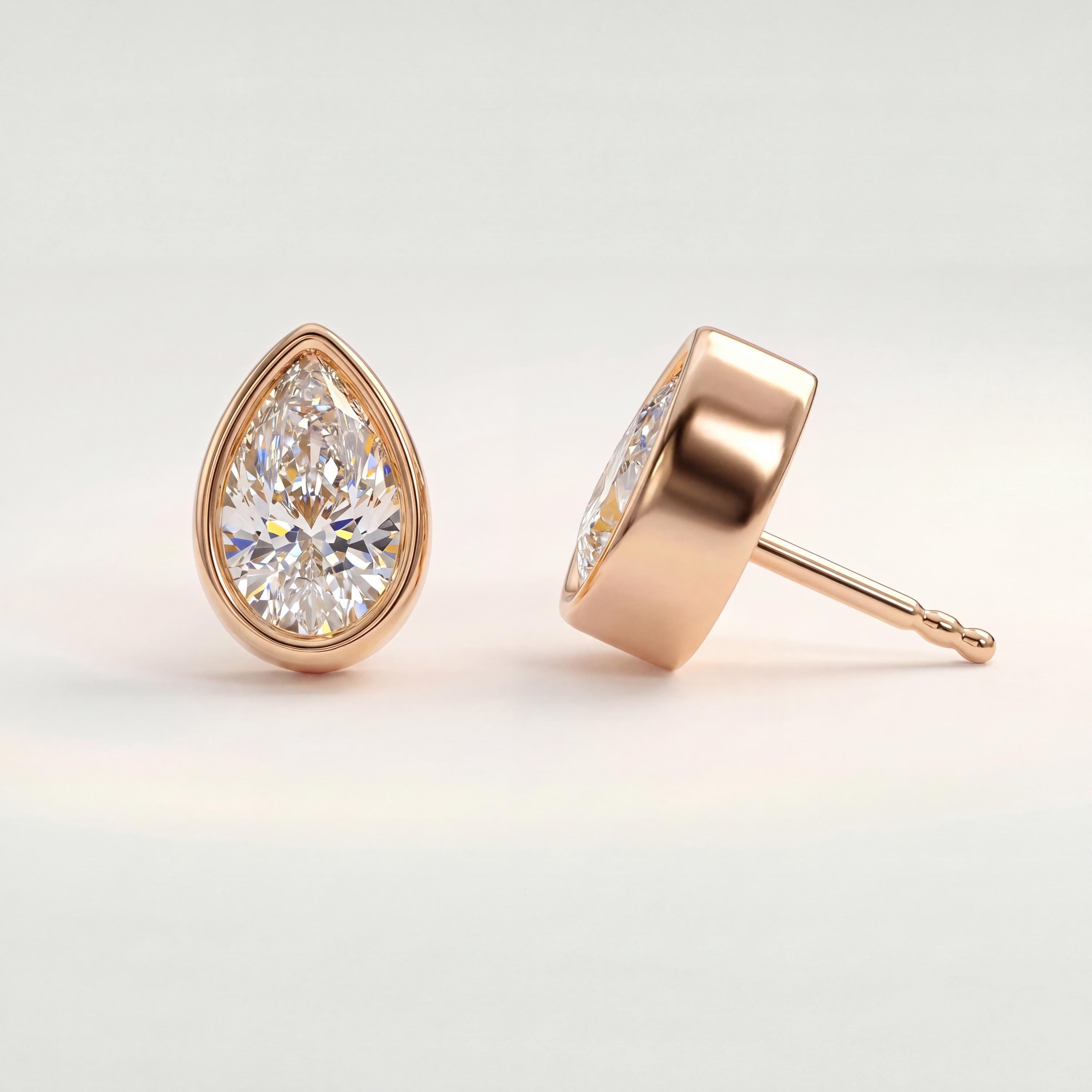 14k Gold Pear Cut Studs  Bezel Set Diamond Earrings  1.00-4.00 CTW  Minimalist Gift For Her By JIORE