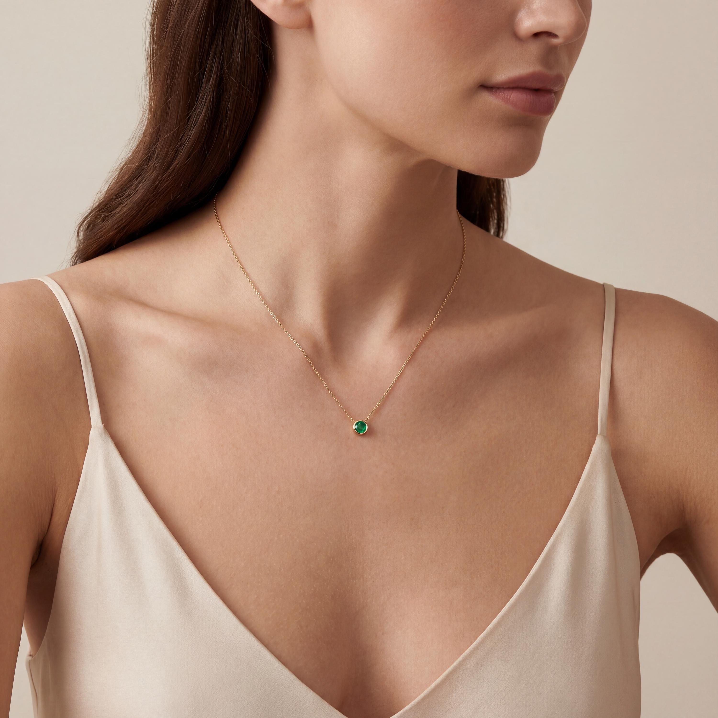 Round Emerald Bezel Set Solitaire 14K Solid Gold Pendant Necklace