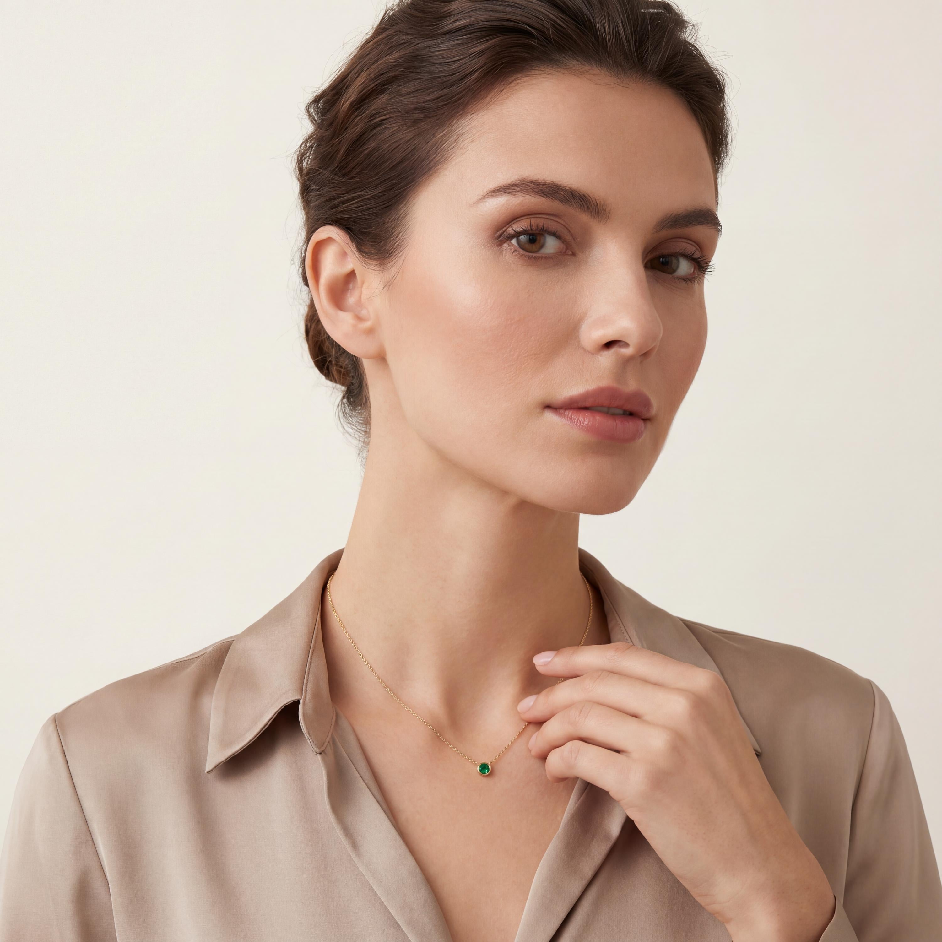 Round Emerald Bezel Set Solitaire 14K Solid Gold Pendant Necklace