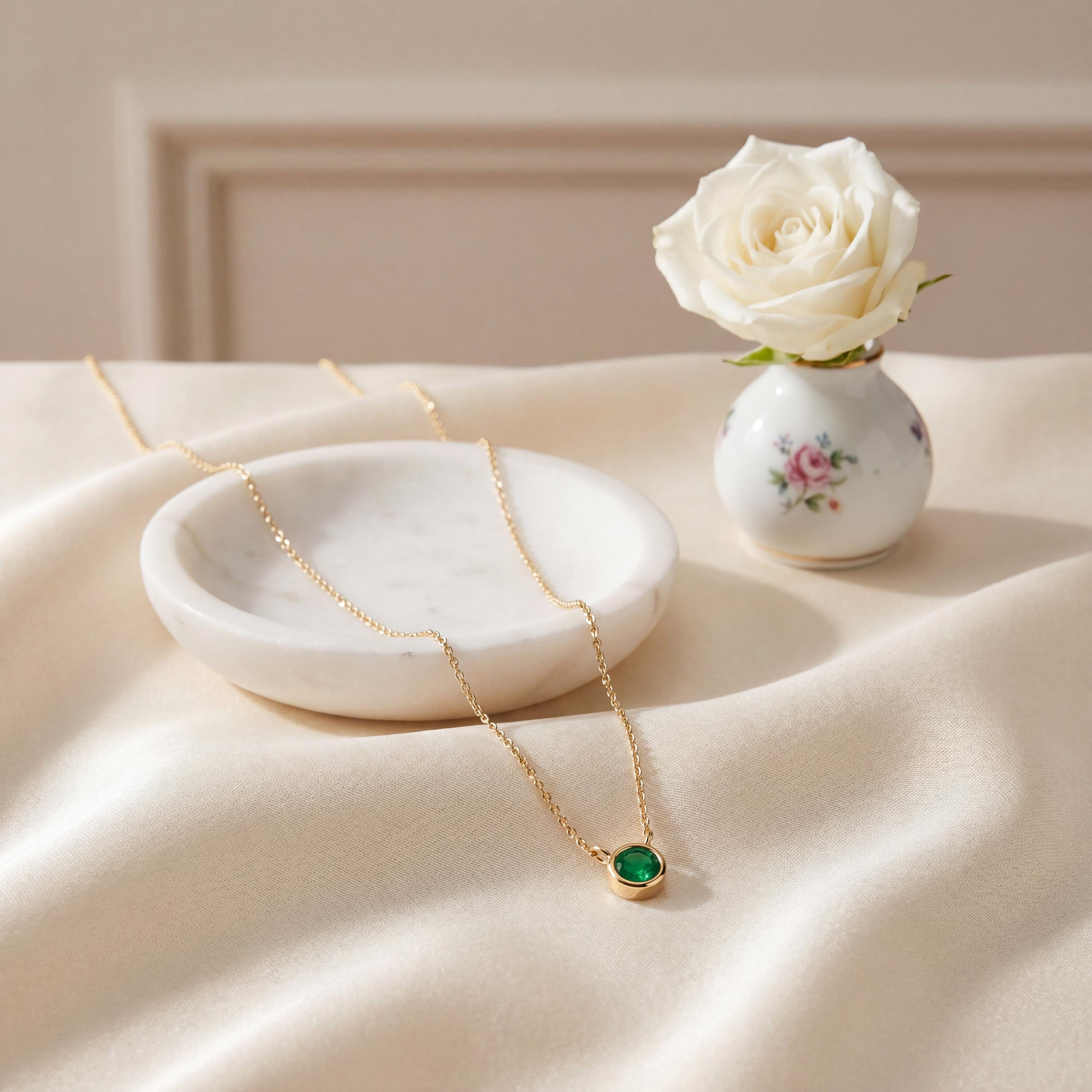Round Emerald Bezel Set Solitaire 14K Solid Gold Pendant Necklace