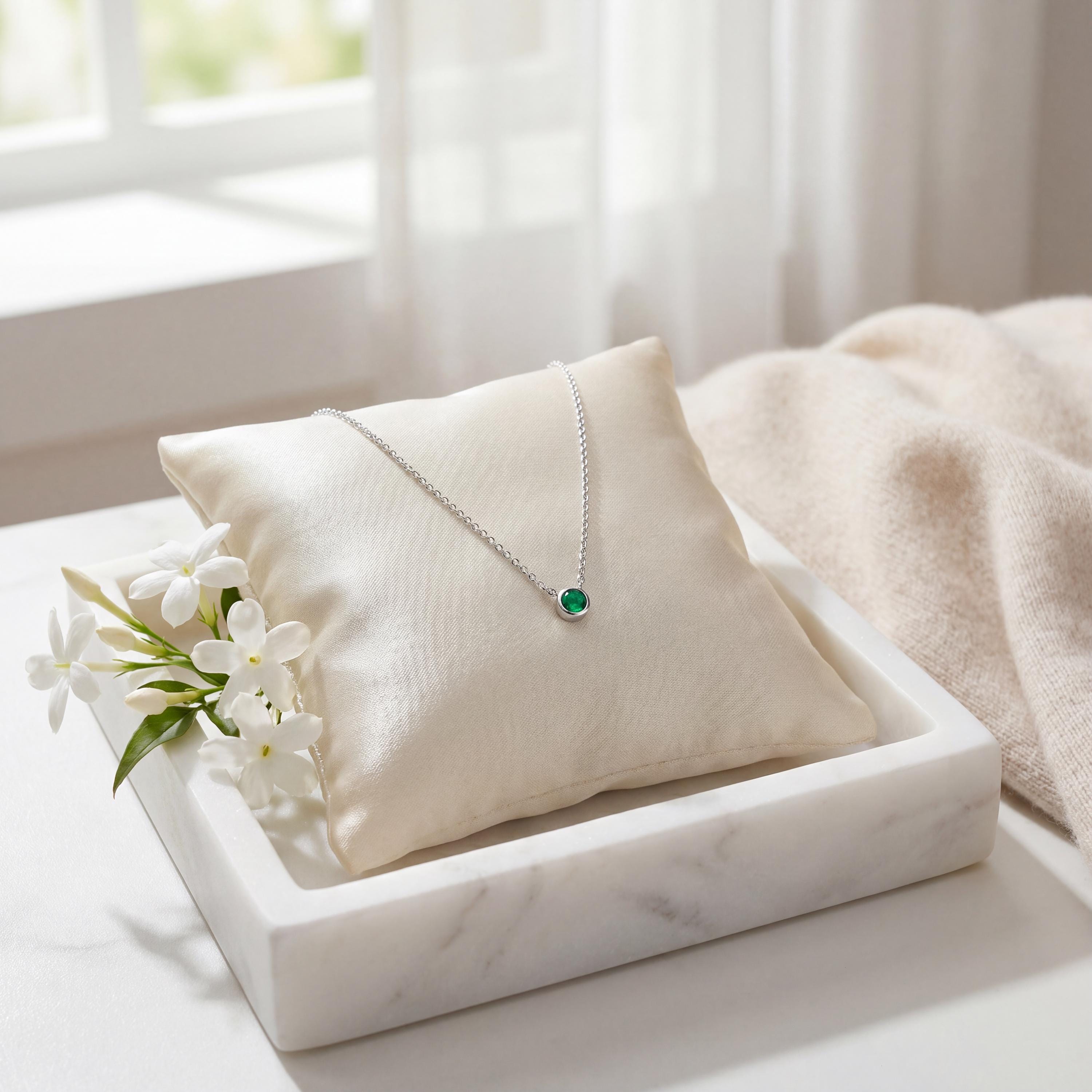Round Emerald Bezel Set Solitaire 14K Solid Gold Pendant Necklace