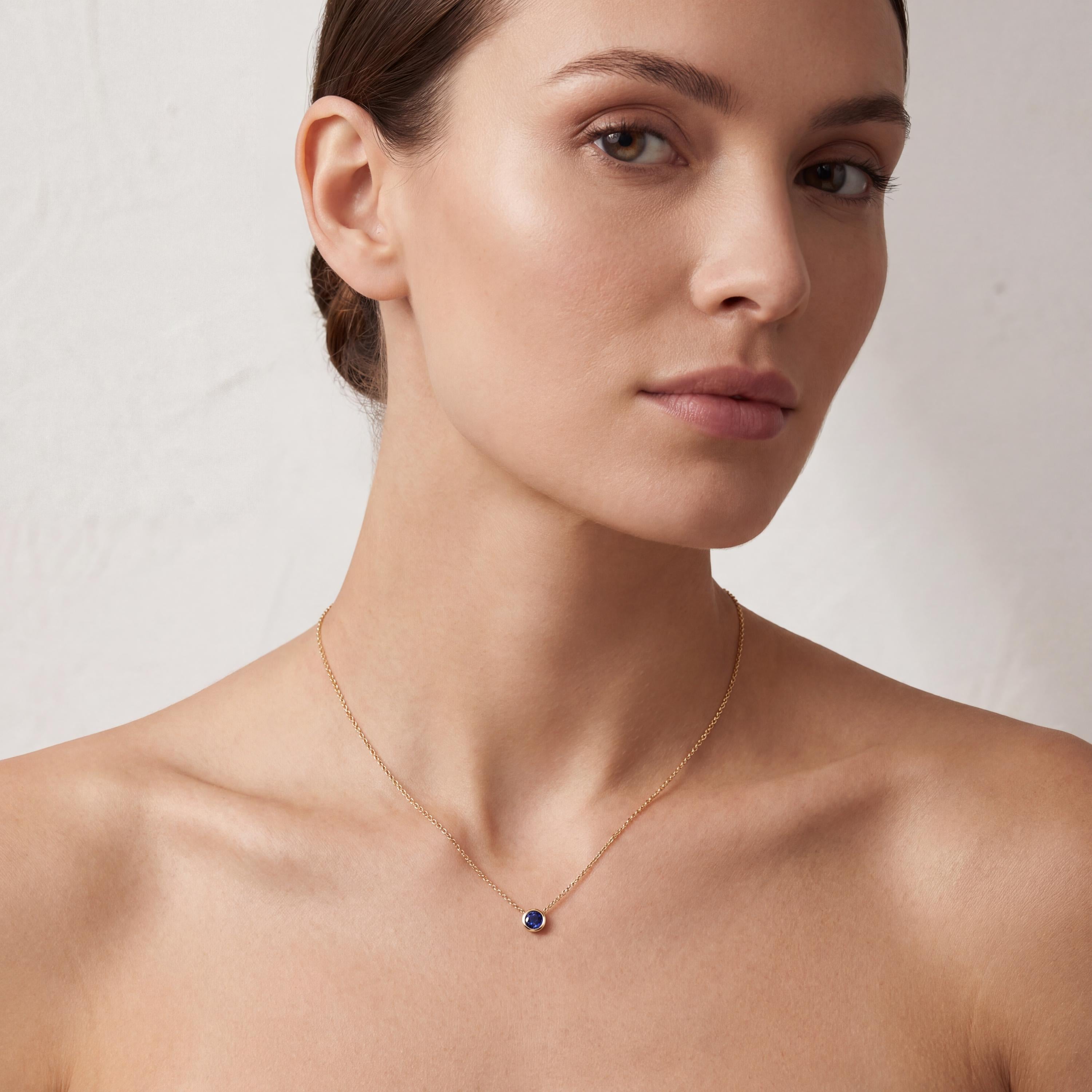 Round Sapphire Bezel Set Solitaire 14K Solid Gold Pendant Necklace