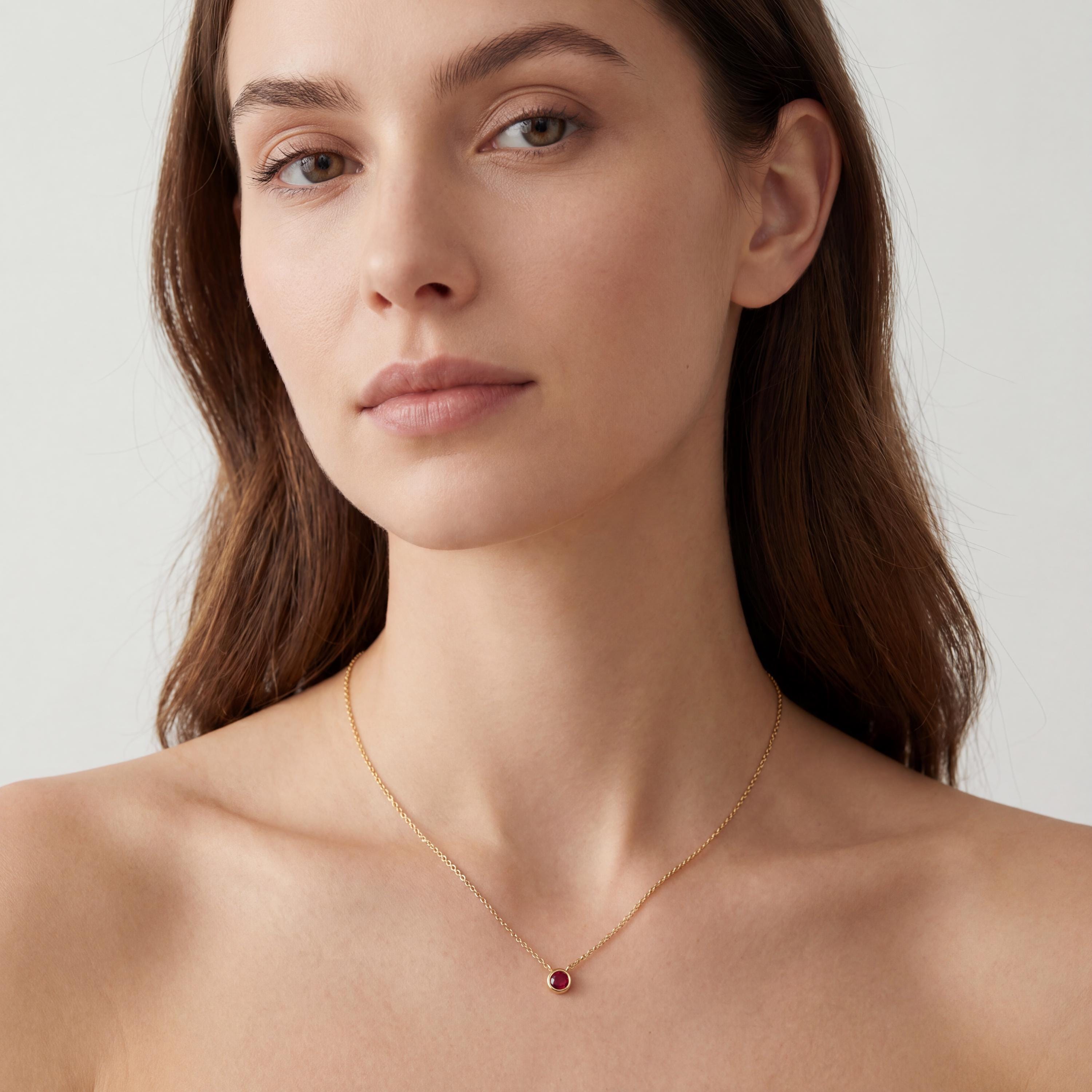Round Ruby Bezel Set Solitaire 14K Solid Gold Pendant Necklace