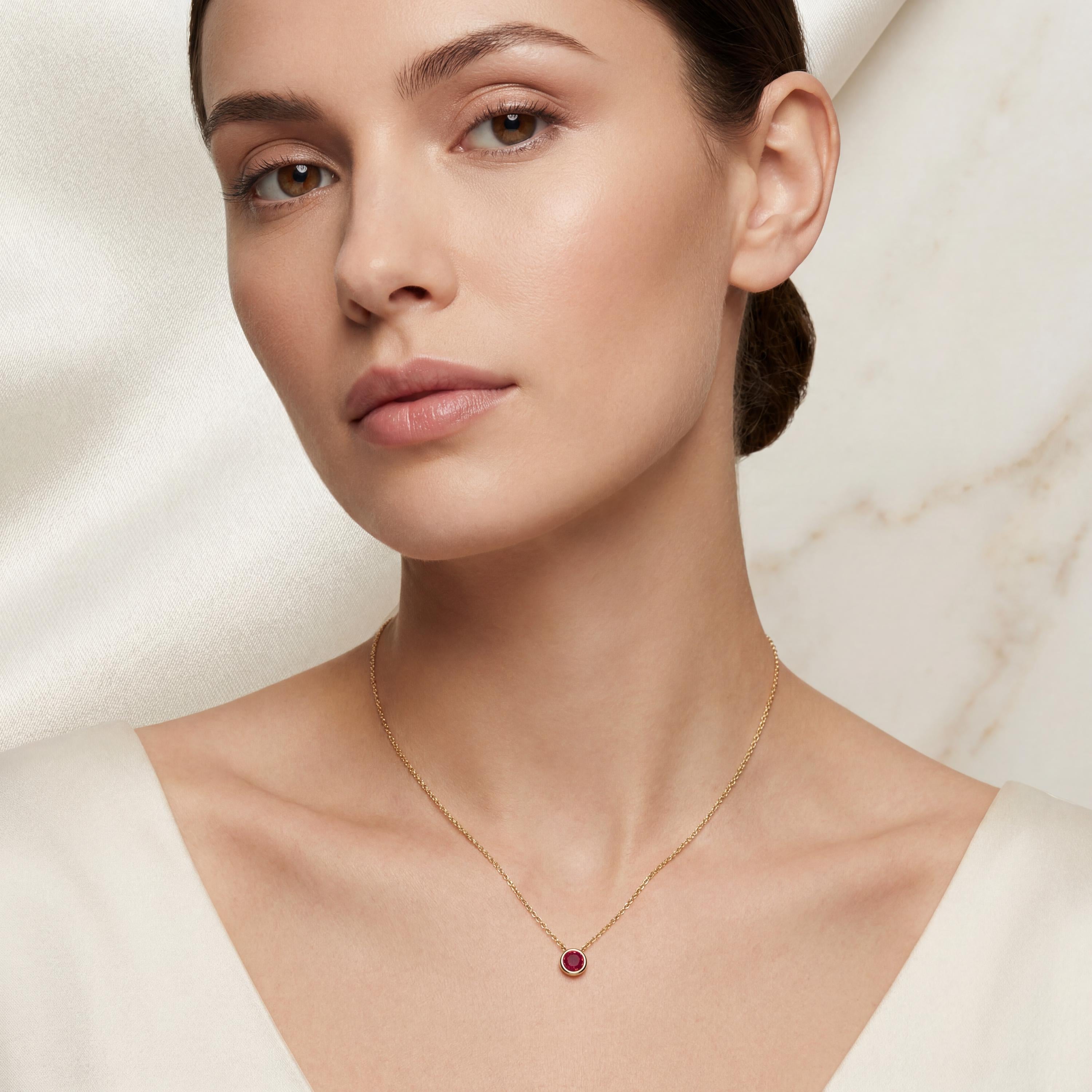 Round Ruby Bezel Set Solitaire 14K Solid Gold Pendant Necklace