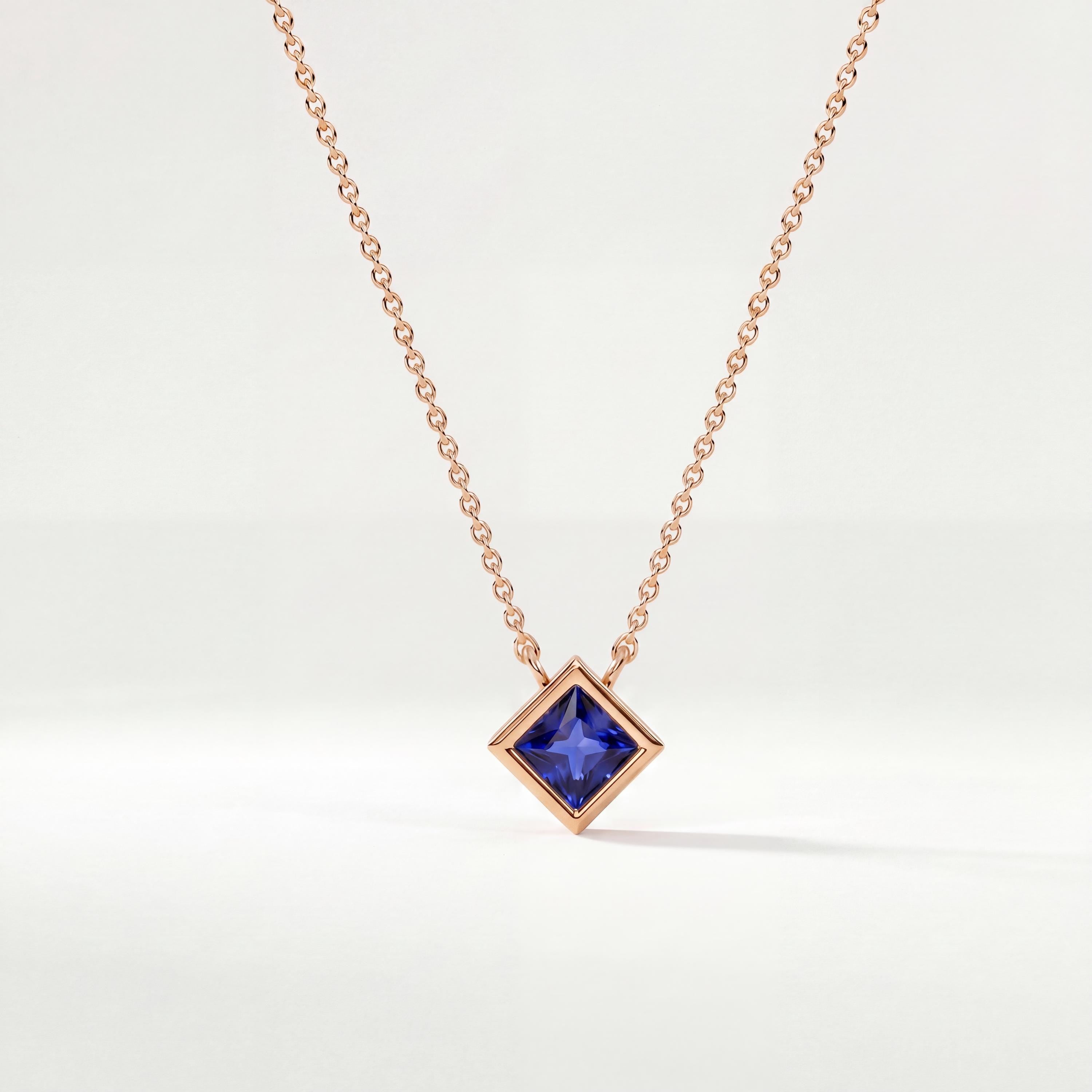 Princess Cut Sapphire Bezel Set Solitaire 14K Solid Gold Pendant Necklace