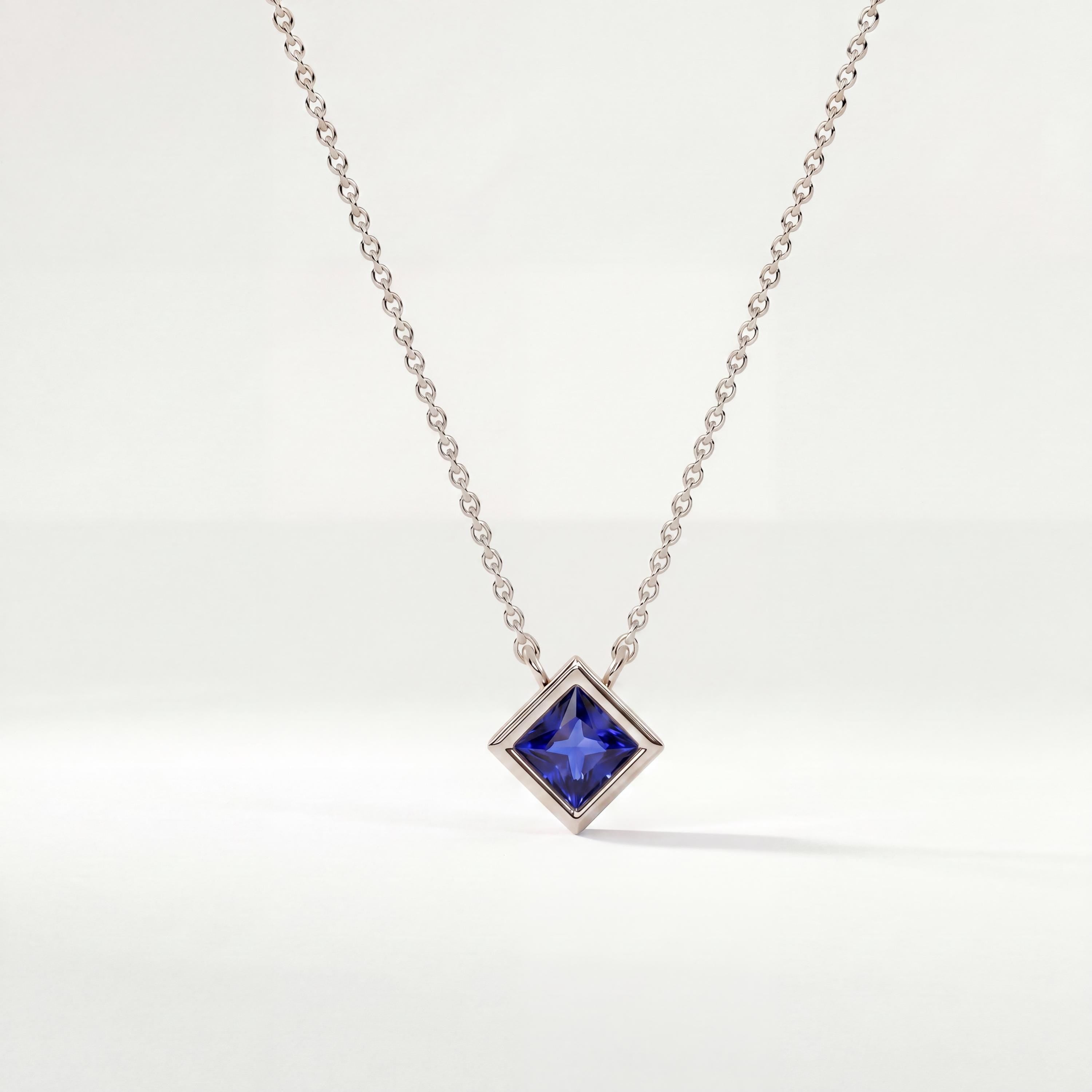 Princess Cut Sapphire Bezel Set Solitaire 14K Solid Gold Pendant Necklace