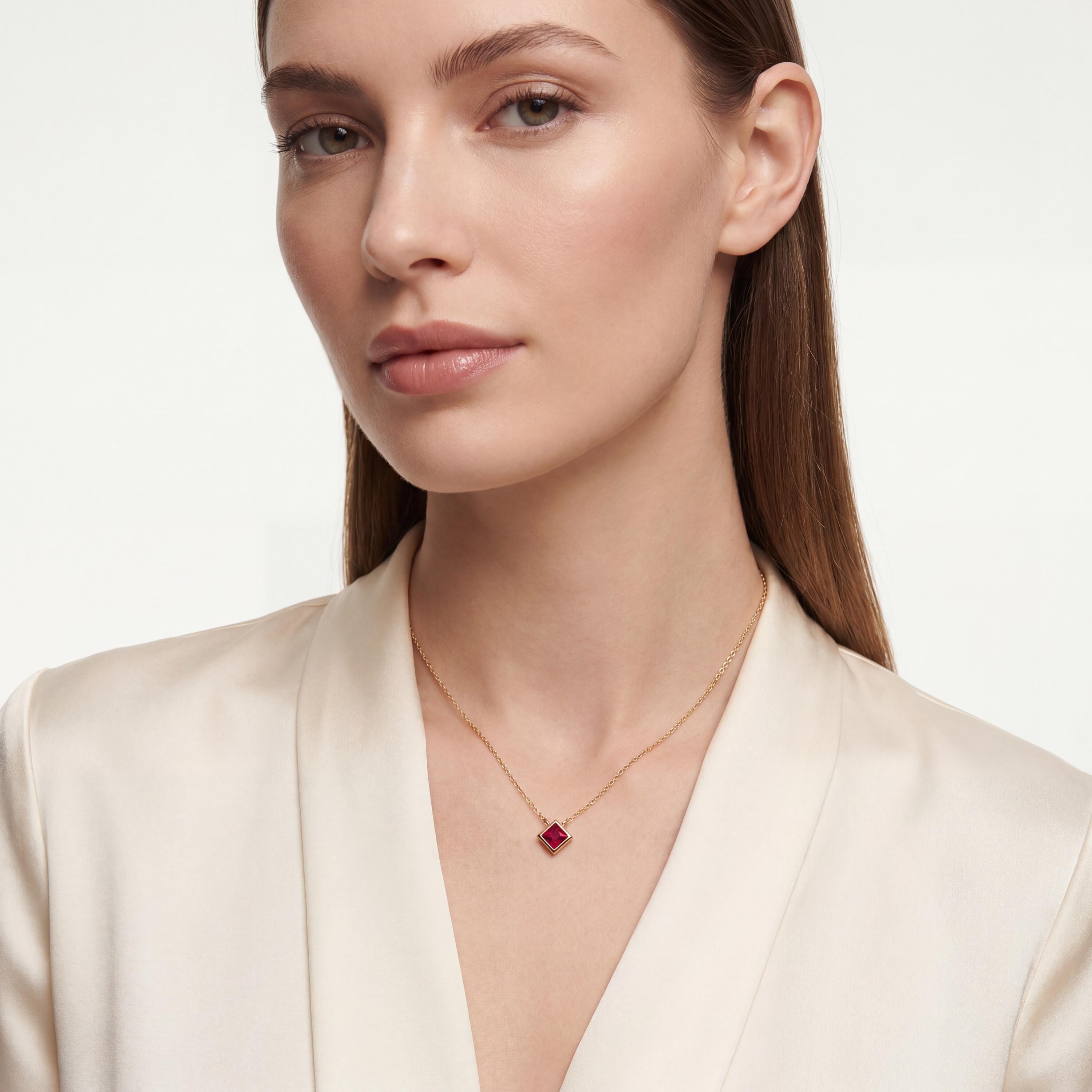 Princess Cut Ruby Bezel Set Solitaire 14K Solid Gold Pendant Necklace