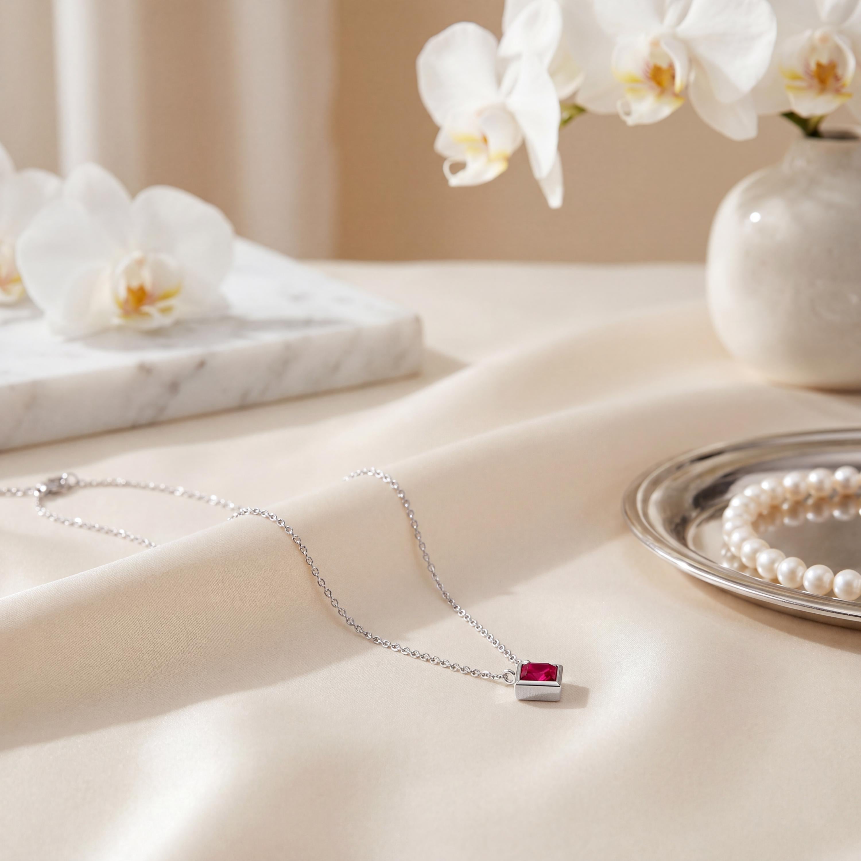 Princess Cut Ruby Bezel Set Solitaire 14K Solid Gold Pendant Necklace