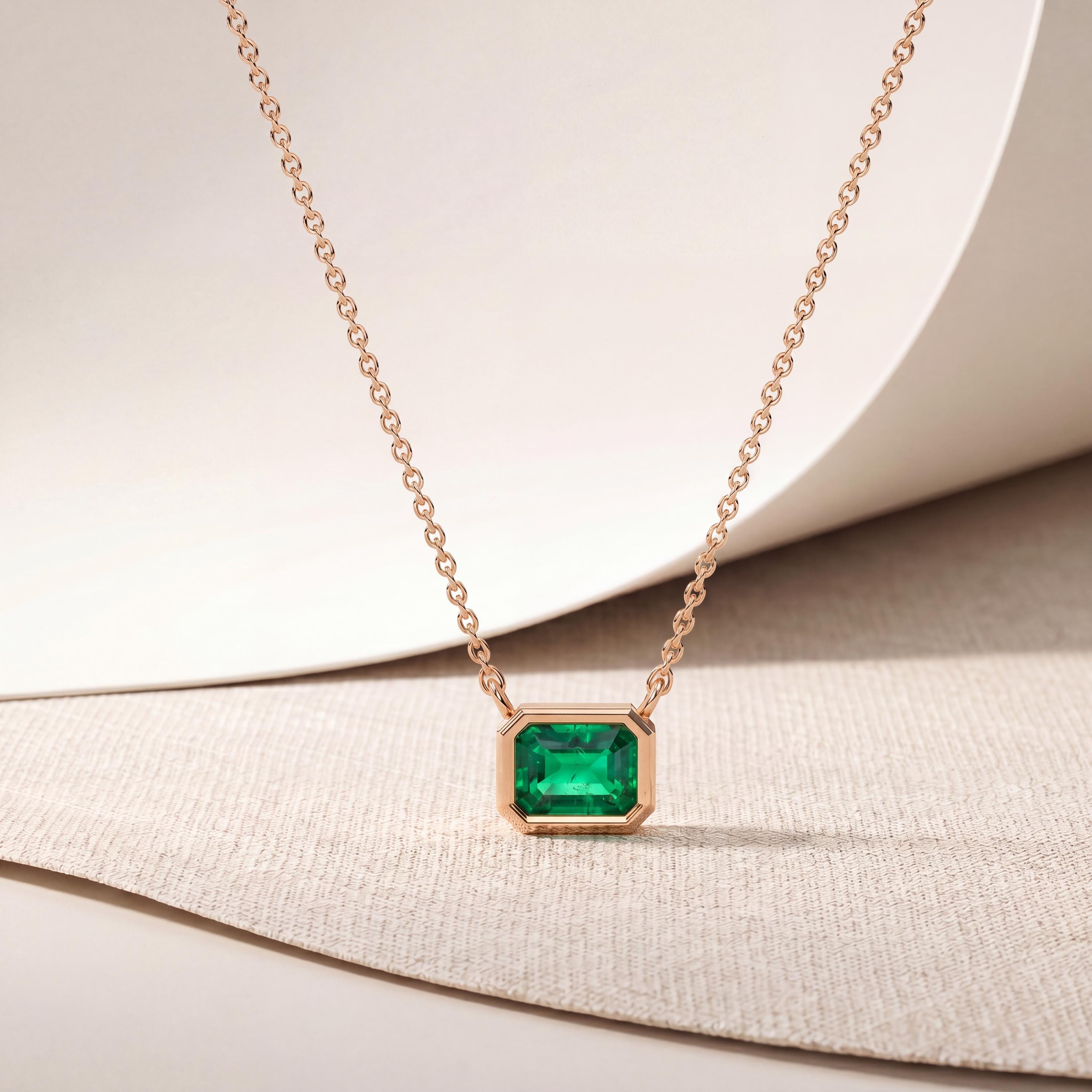 Emerald Bezel Set Emerald Cut Dainty Solitaire 14K Solid Gold Pendant Necklace