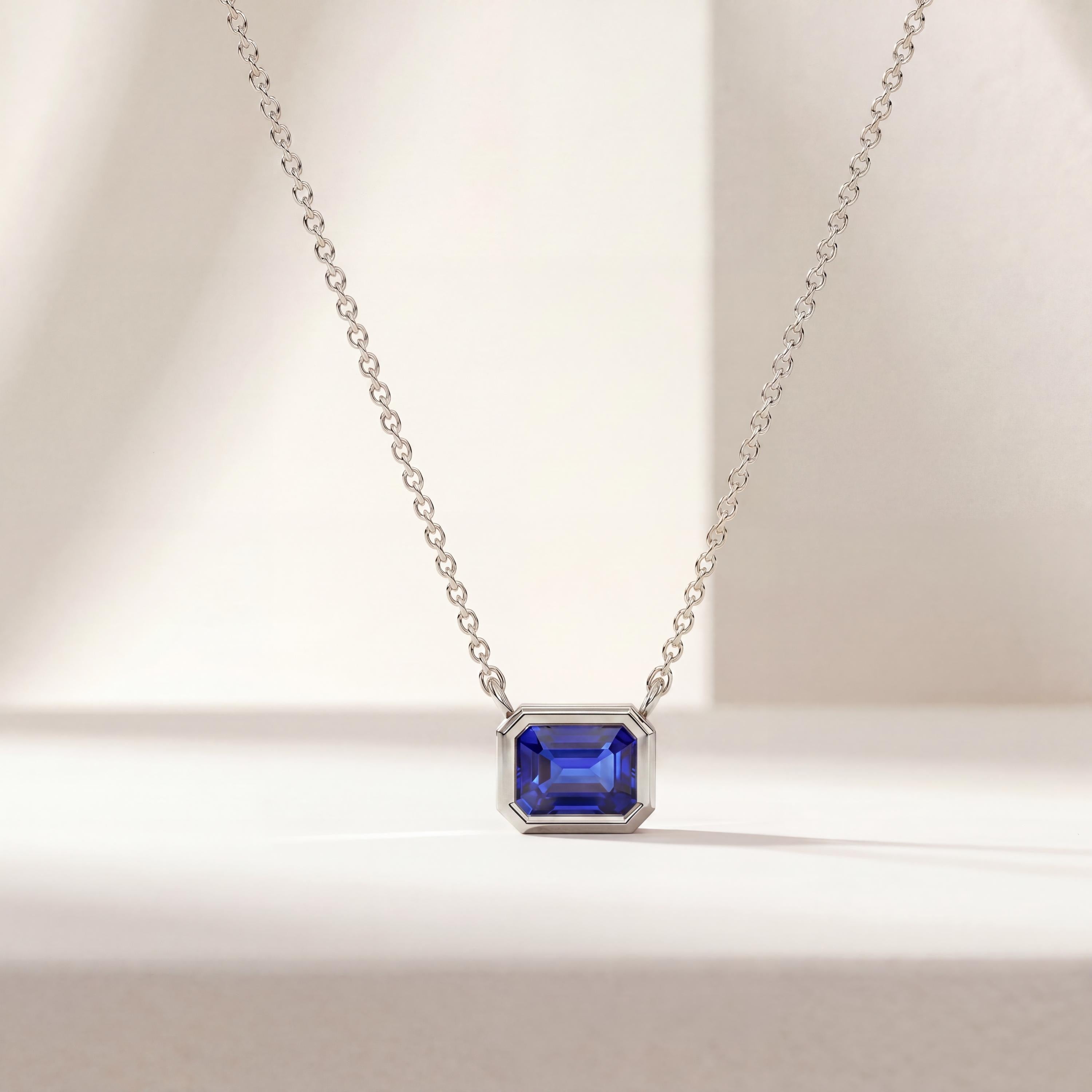 Emerald Cut Sapphire Bezel Set Dainty Solitaire 14K Solid Gold Pendant Necklace
