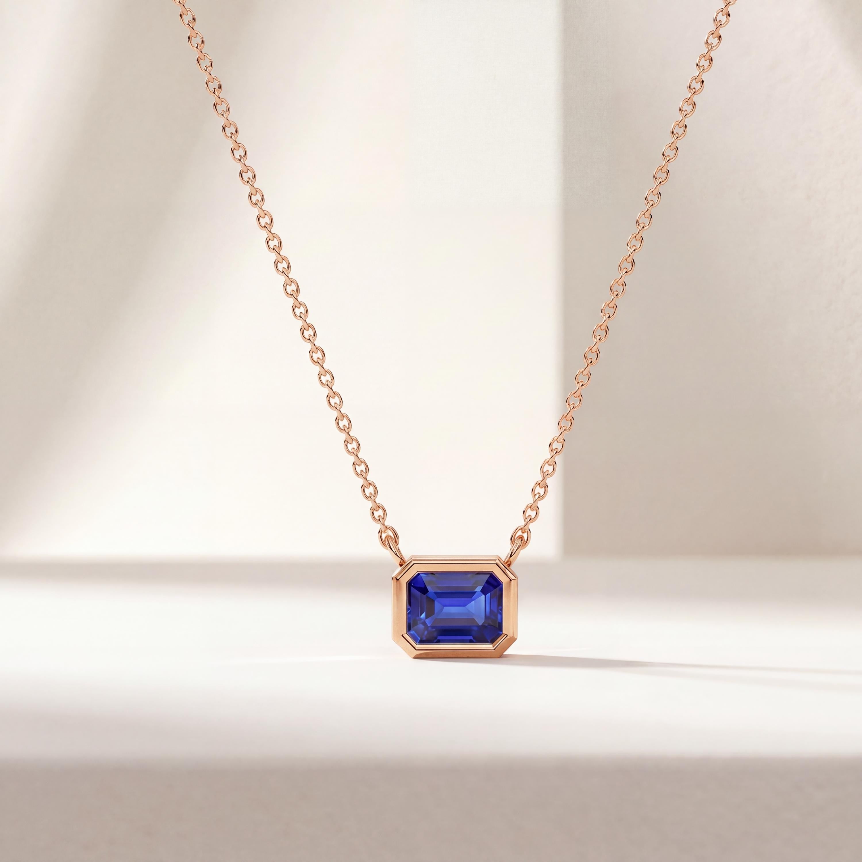 Emerald Cut Sapphire Bezel Set Dainty Solitaire 14K Solid Gold Pendant Necklace