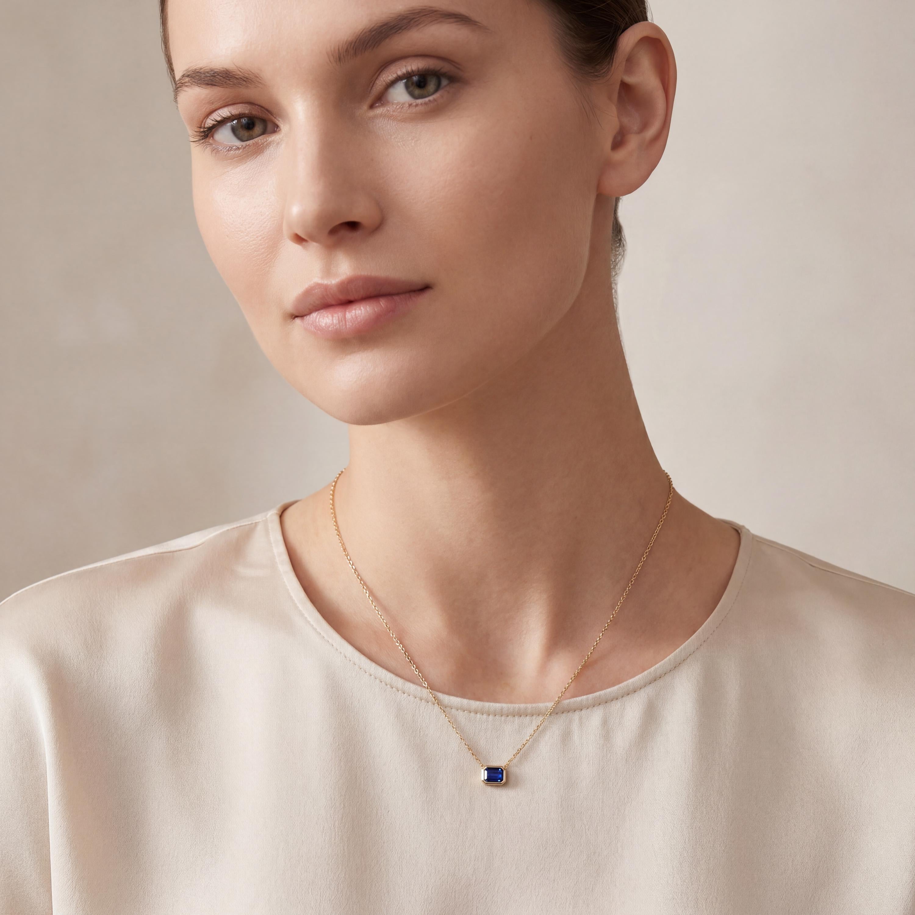 Emerald Cut Sapphire Bezel Set Dainty Solitaire 14K Solid Gold Pendant Necklace