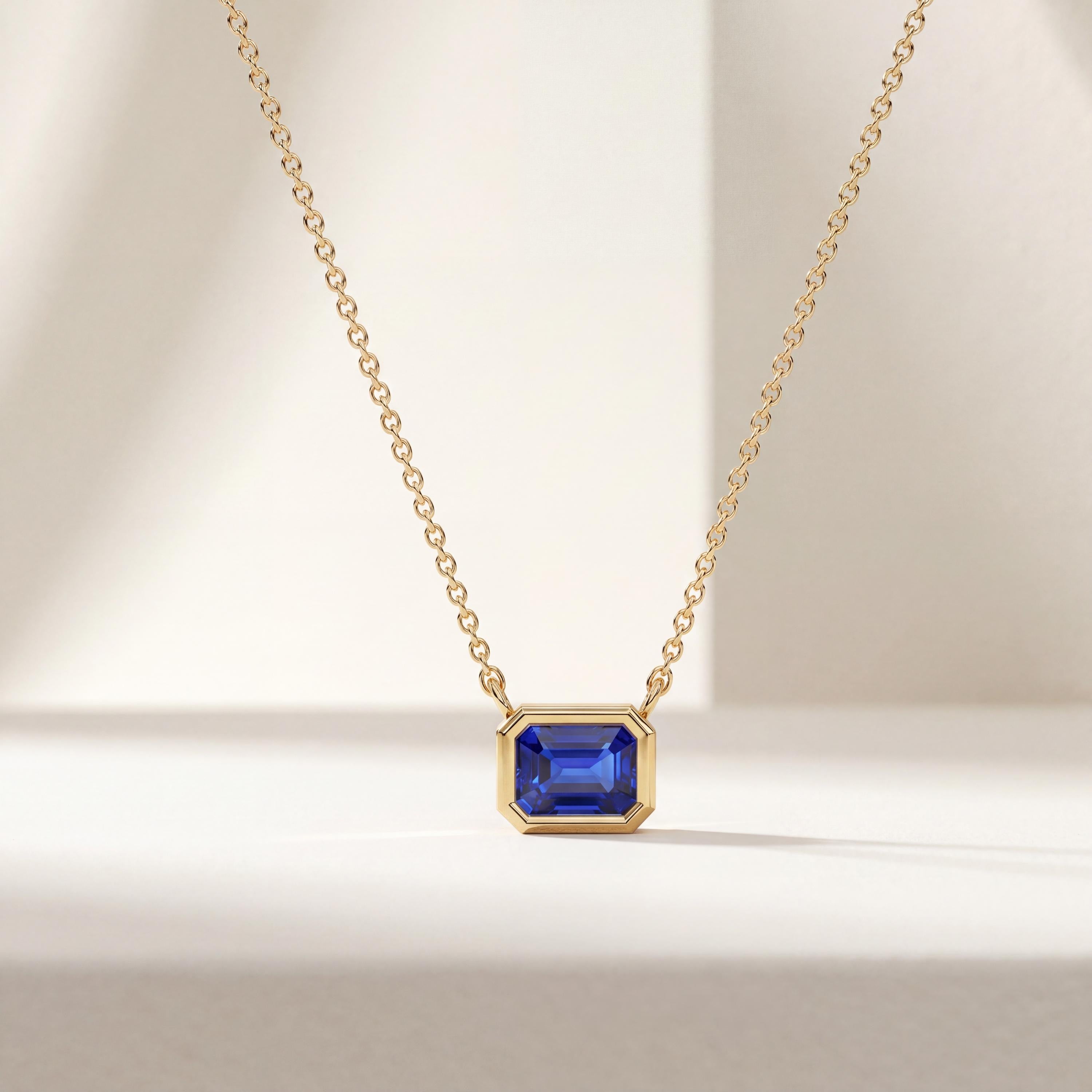 Emerald Cut Sapphire Bezel Set Dainty Solitaire 14K Solid Gold Pendant Necklace