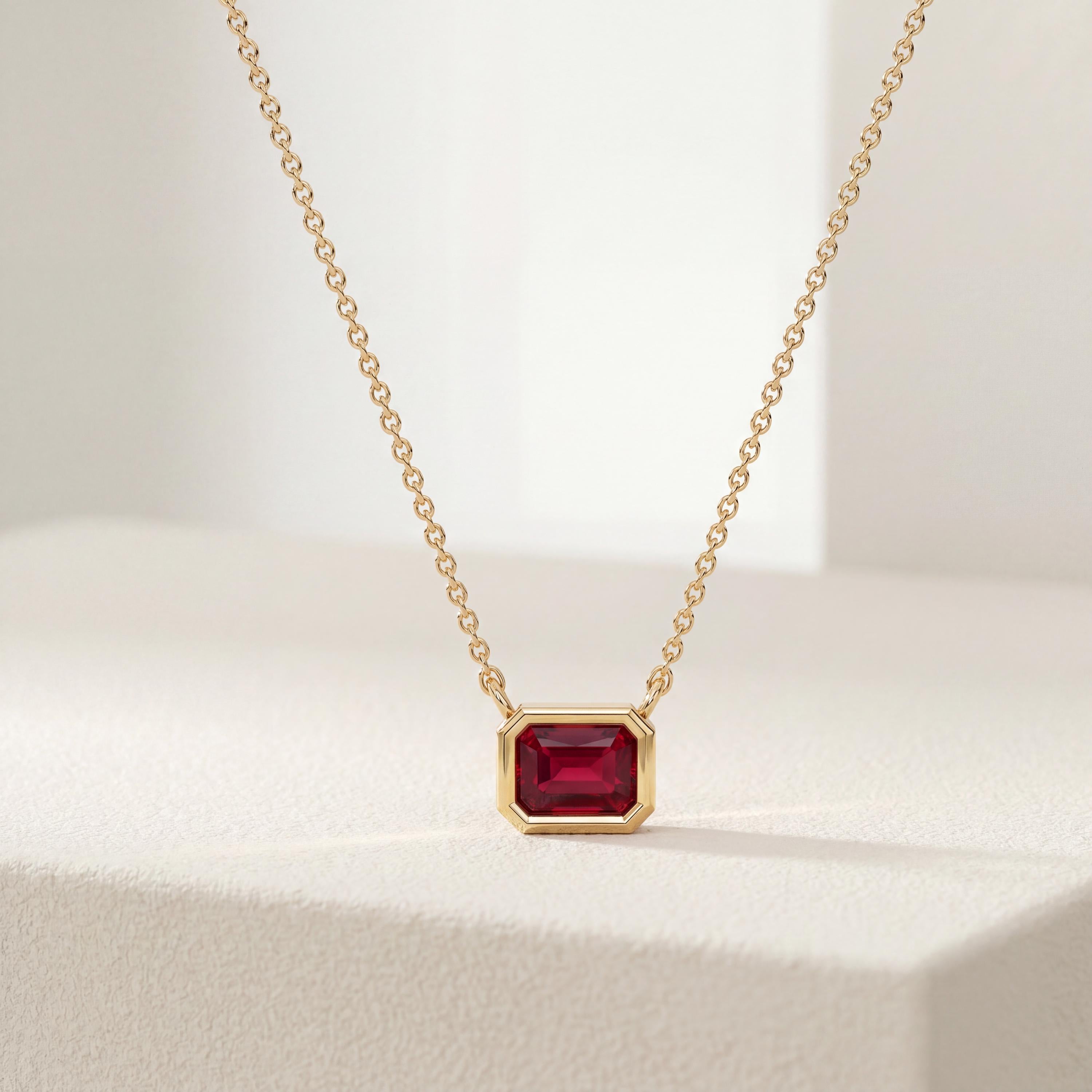 Ruby Bezel Set Emerald Cut Dainty Solitaire 14K Solid Gold Pendant Necklace