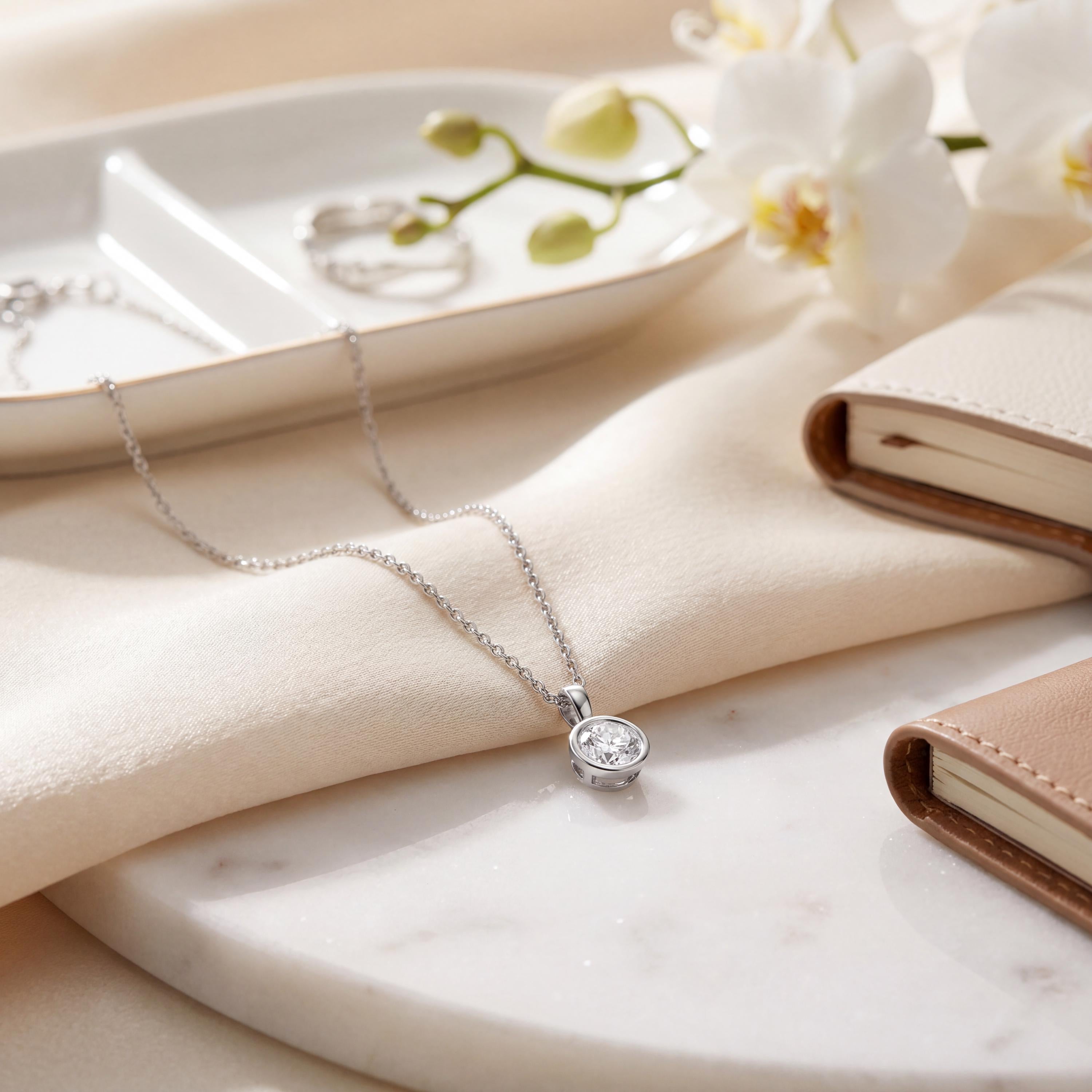 14K Gold Diamond Bezel Pendant  Elegant Round Brilliant Cut Necklace  Dainty Modern Minimalist Gift For Her By JIORE