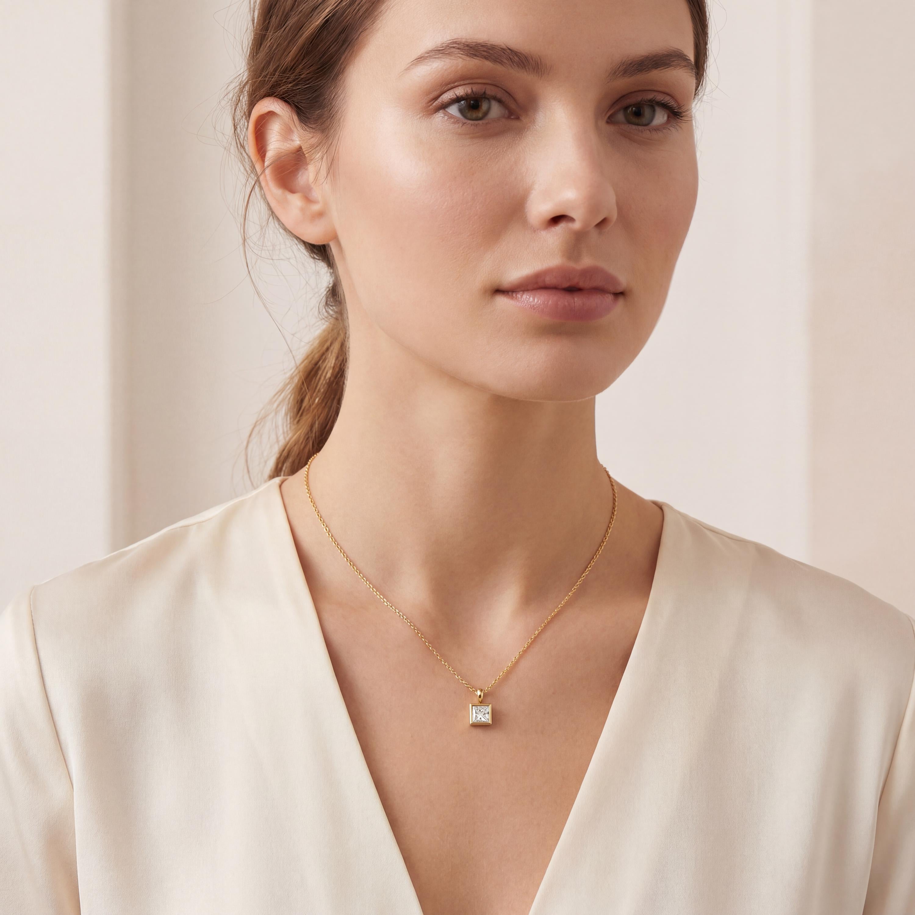 14K Gold Diamond Bezel Pendant  Elegant Princess Cut Necklace  Dainty Modern Minimalist Gift For Her By JIORE