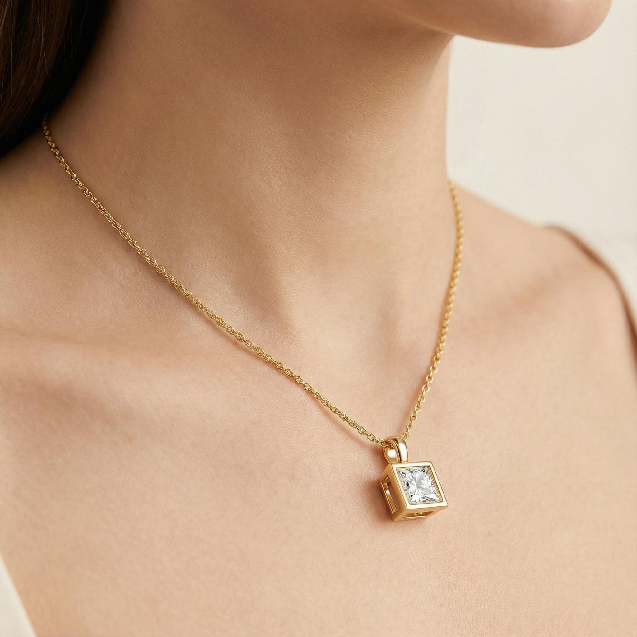 14K Gold Diamond Bezel Pendant  Elegant Princess Cut Necklace  Dainty Modern Minimalist Gift For Her By JIORE