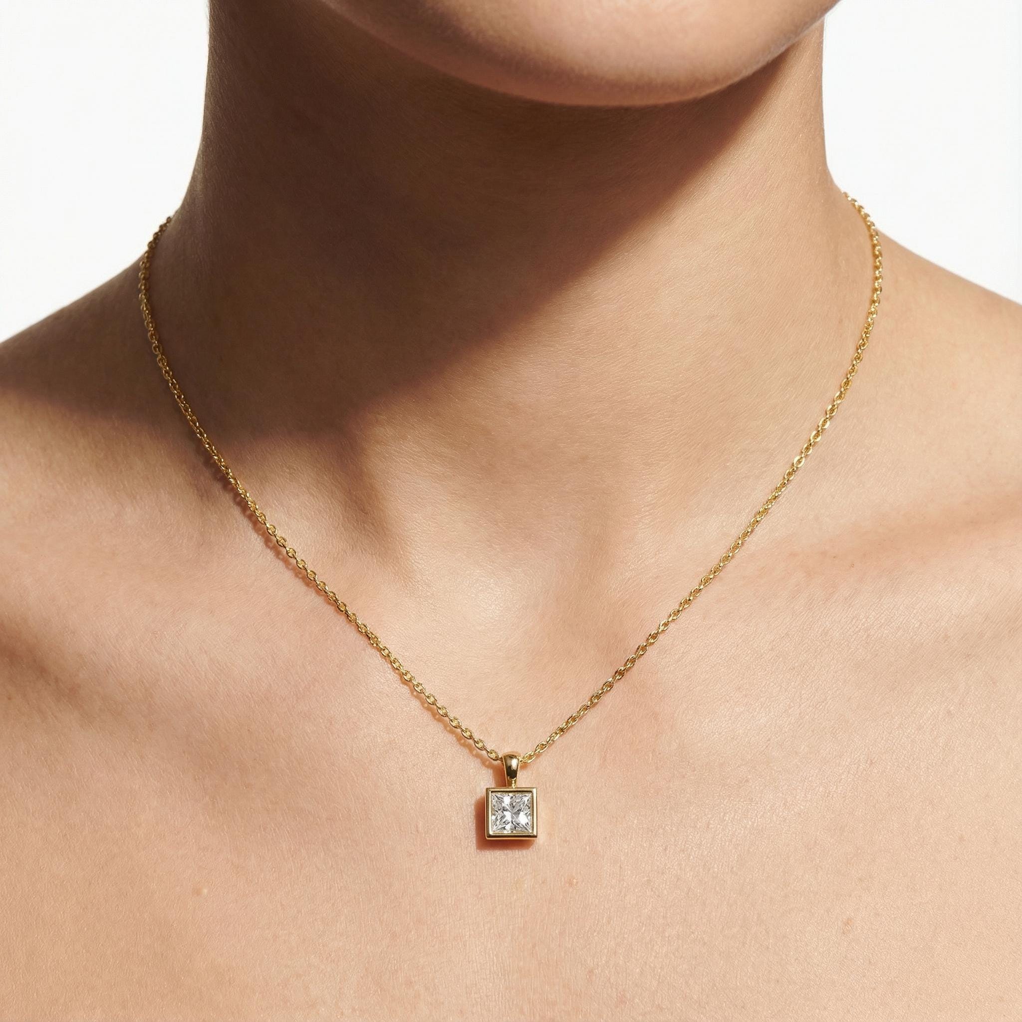 14K Gold Diamond Bezel Pendant  Elegant Princess Cut Necklace  Dainty Modern Minimalist Gift For Her By JIORE