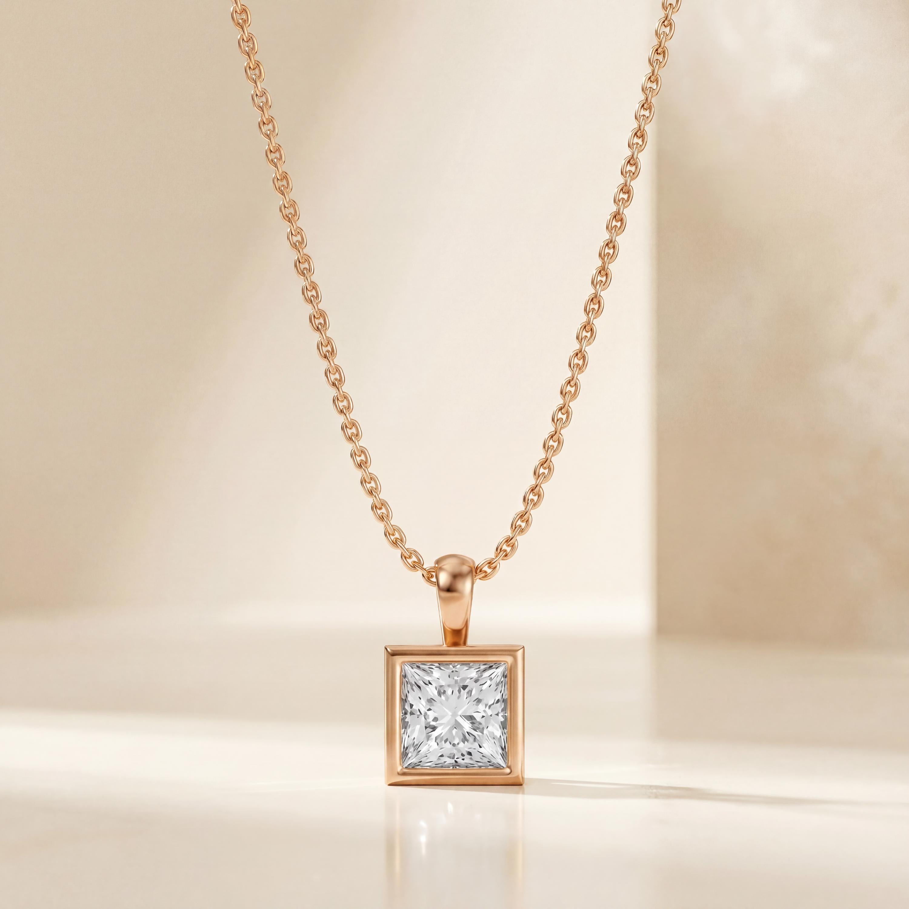 14K Gold Diamond Bezel Pendant  Elegant Princess Cut Necklace  Dainty Modern Minimalist Gift For Her By JIORE