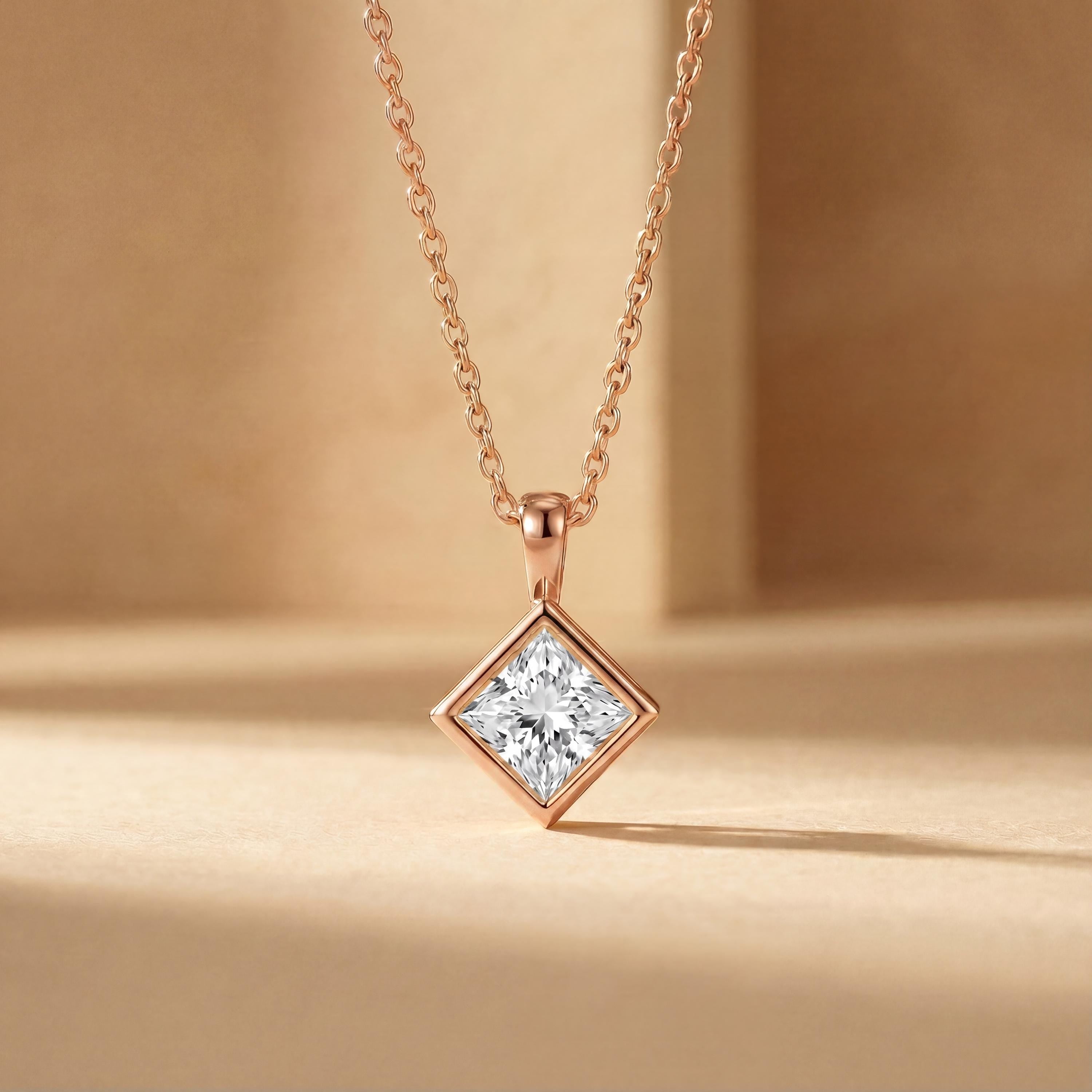 14K Gold Diamond Bezel Pendant  Elegant Princess Cut Necklace  Dainty Modern Minimalist Gift For Her By JIORE
