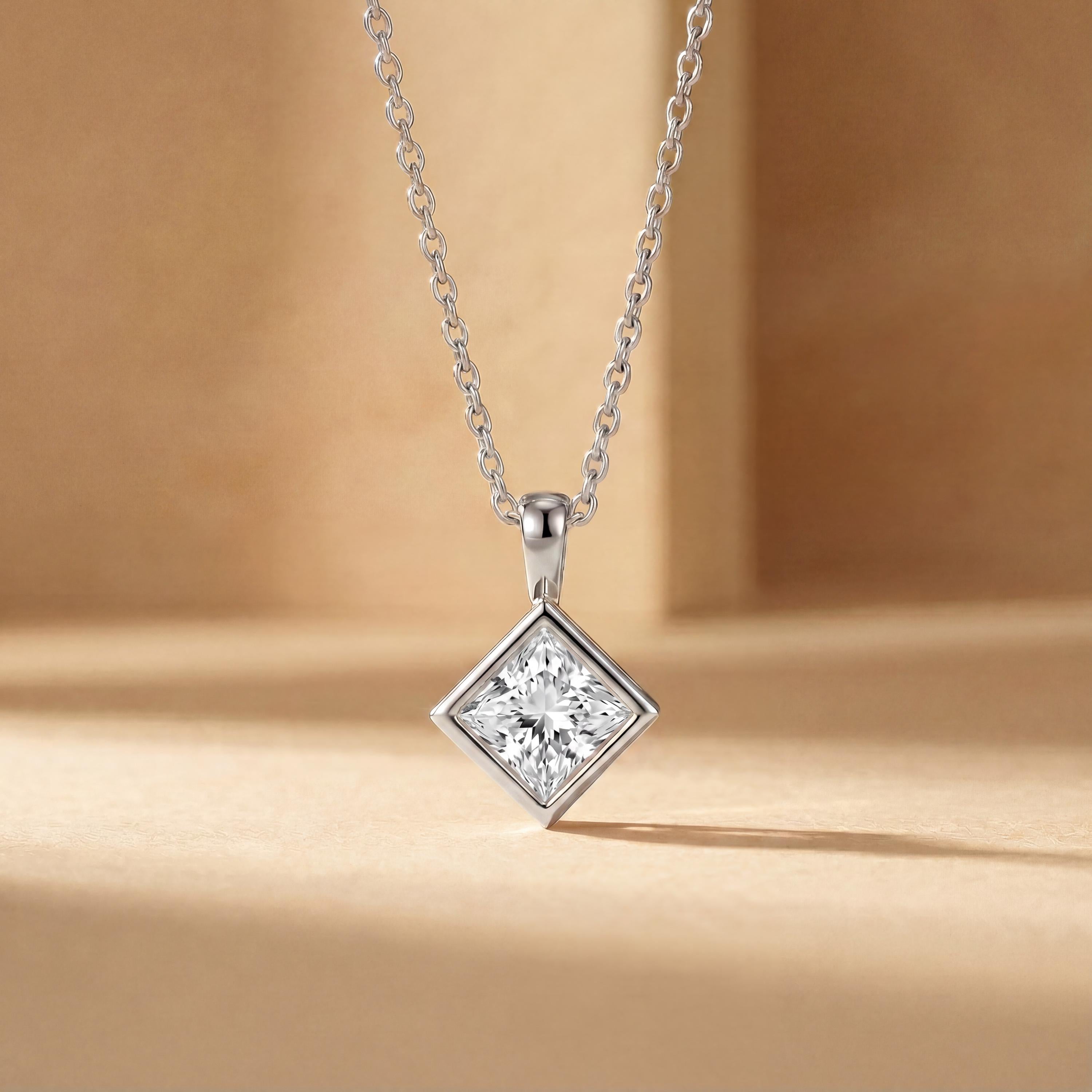 14K Gold Diamond Bezel Pendant  Elegant Princess Cut Necklace  Dainty Modern Minimalist Gift For Her By JIORE