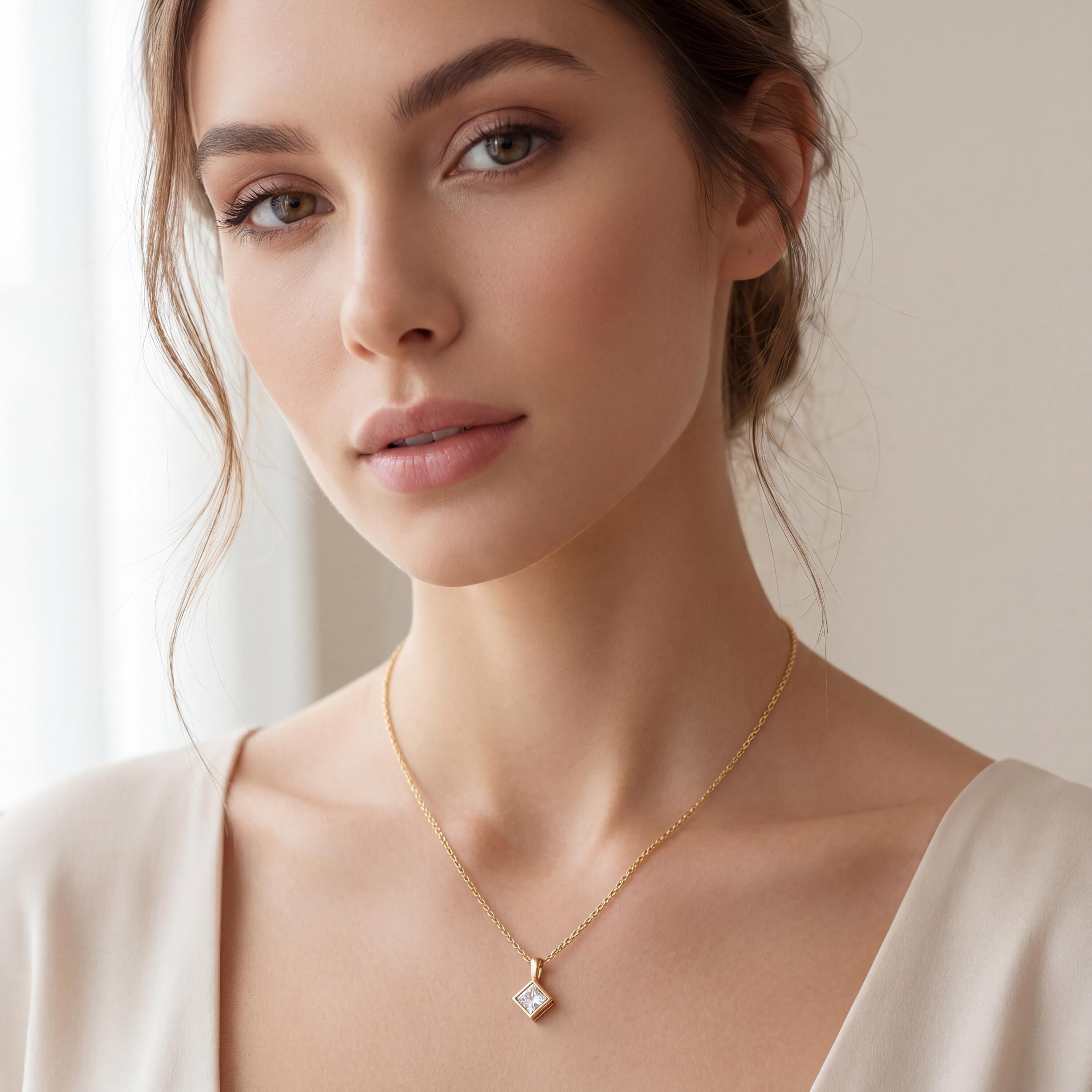 14K Gold Diamond Bezel Pendant  Elegant Princess Cut Necklace  Dainty Modern Minimalist Gift For Her By JIORE