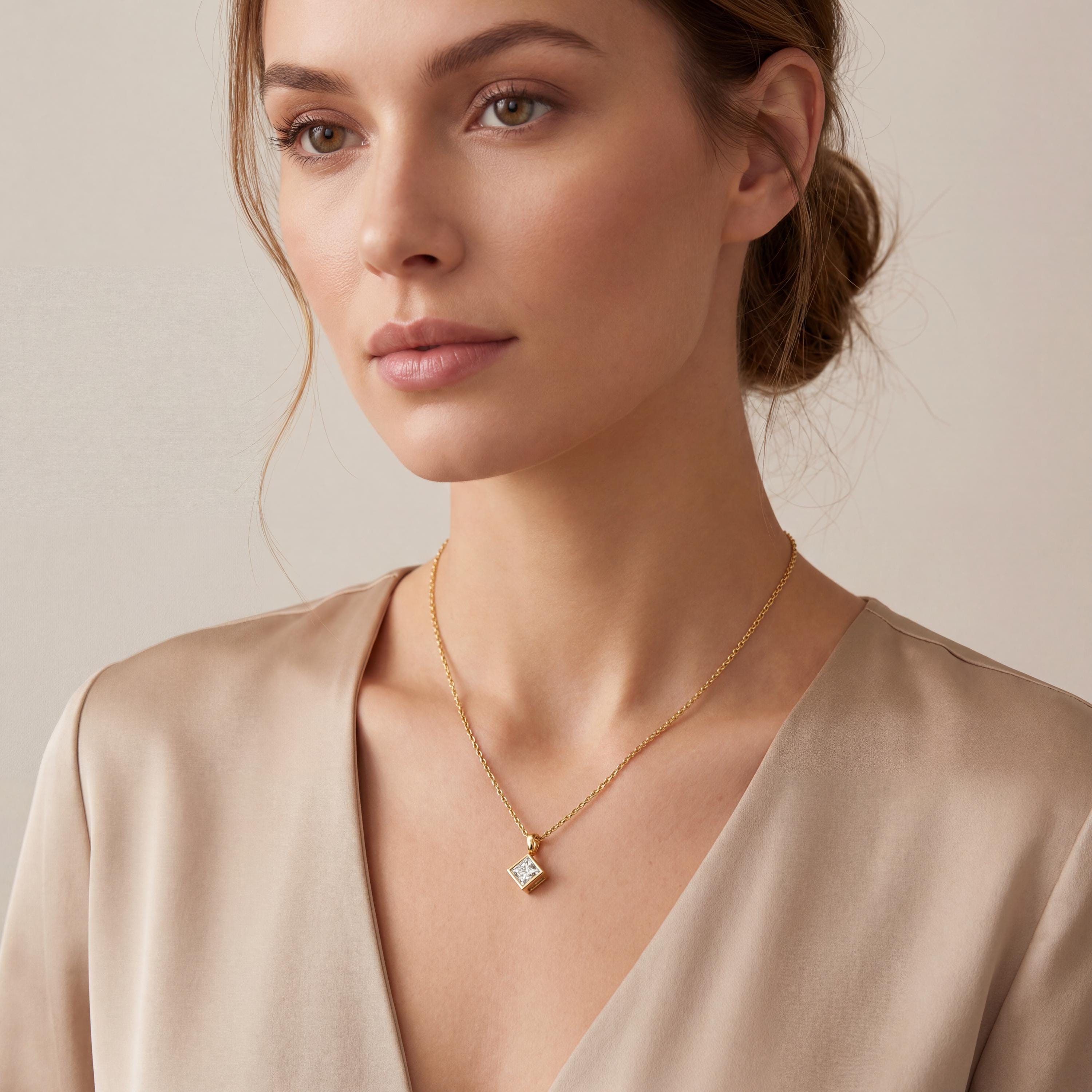 14K Gold Diamond Bezel Pendant  Elegant Princess Cut Necklace  Dainty Modern Minimalist Gift For Her By JIORE