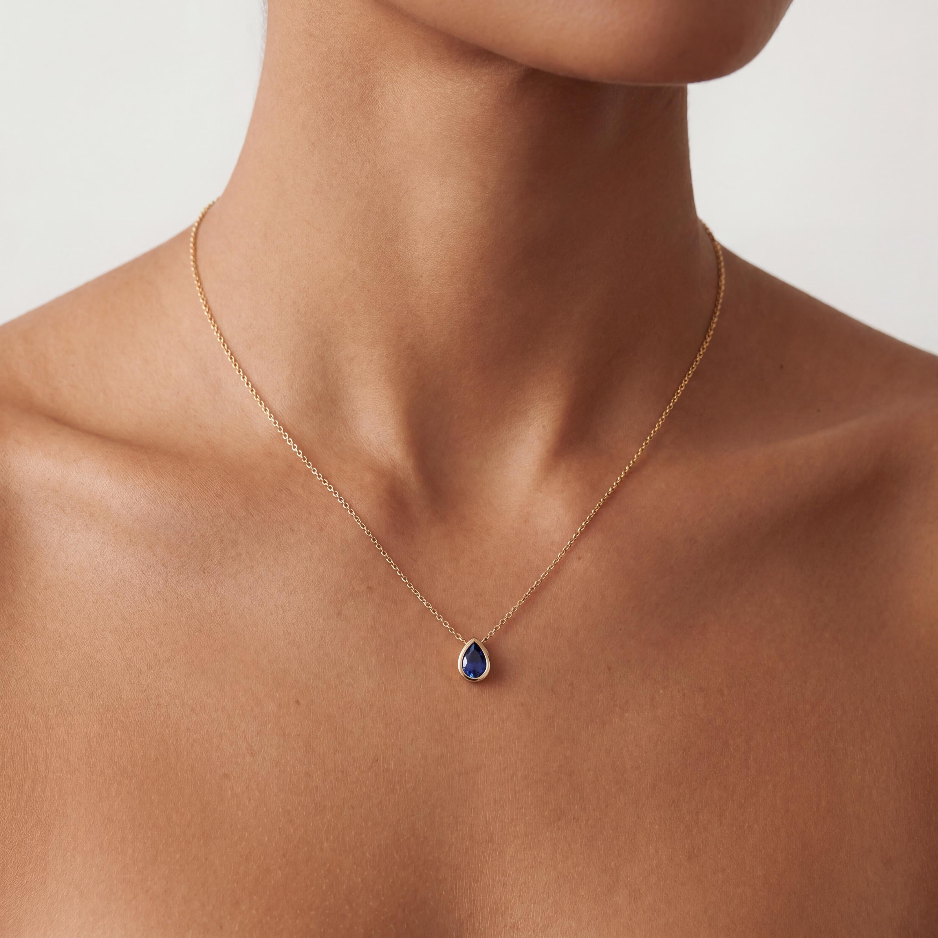 Pear Shape Sapphire Bezel Set Dainty Solitaire 14K Solid Gold Pendant Necklace