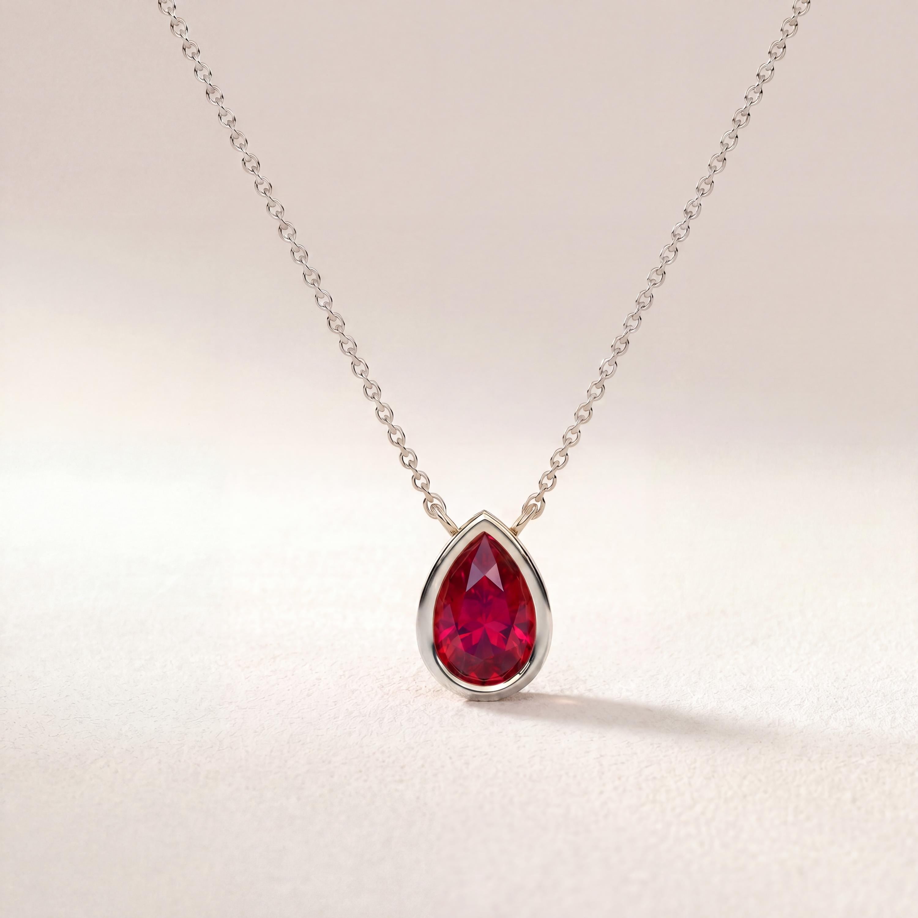 Pear Shape Ruby Bezel Set Dainty Solitaire 14K Solid Gold Pendant Necklace