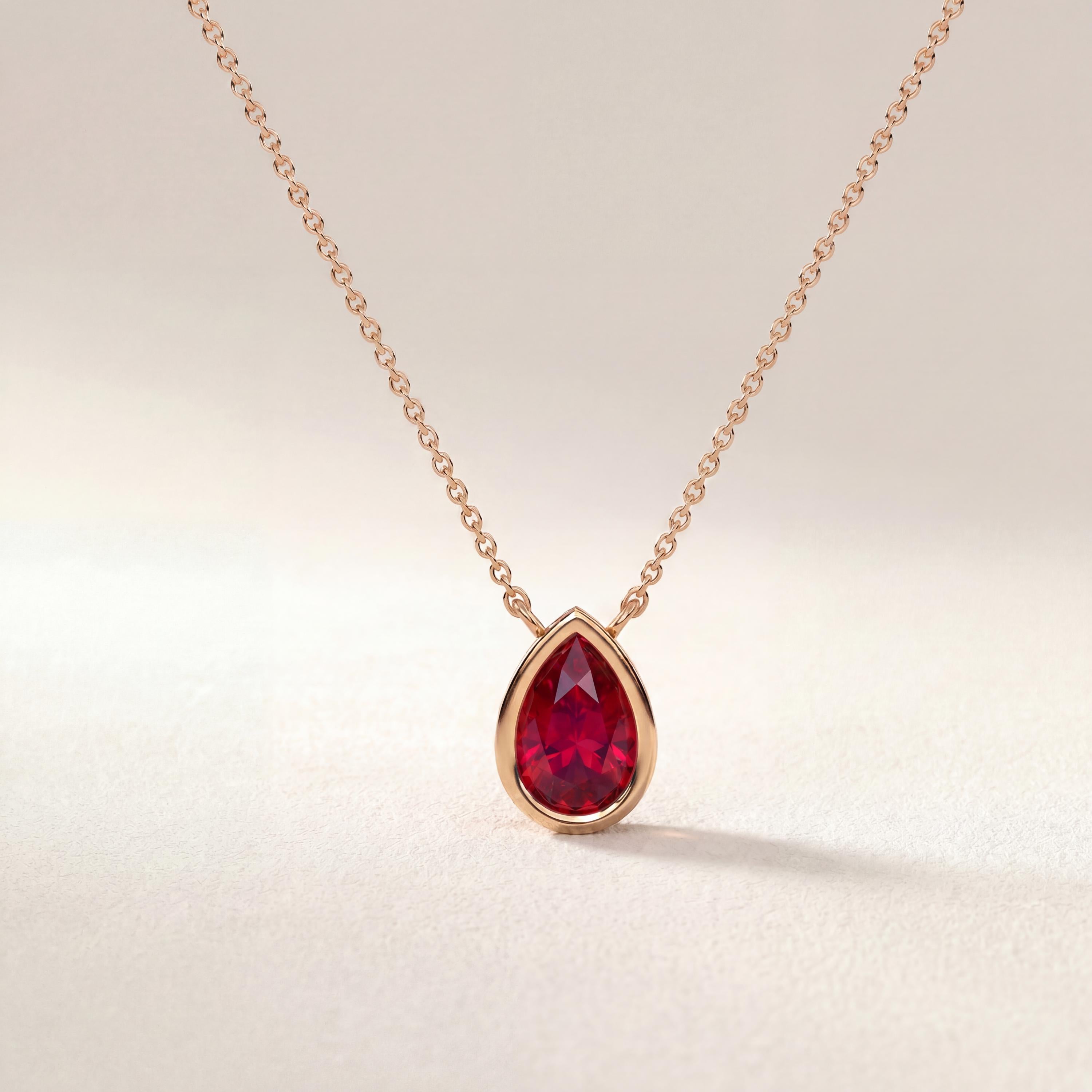 Pear Shape Ruby Bezel Set Dainty Solitaire 14K Solid Gold Pendant Necklace