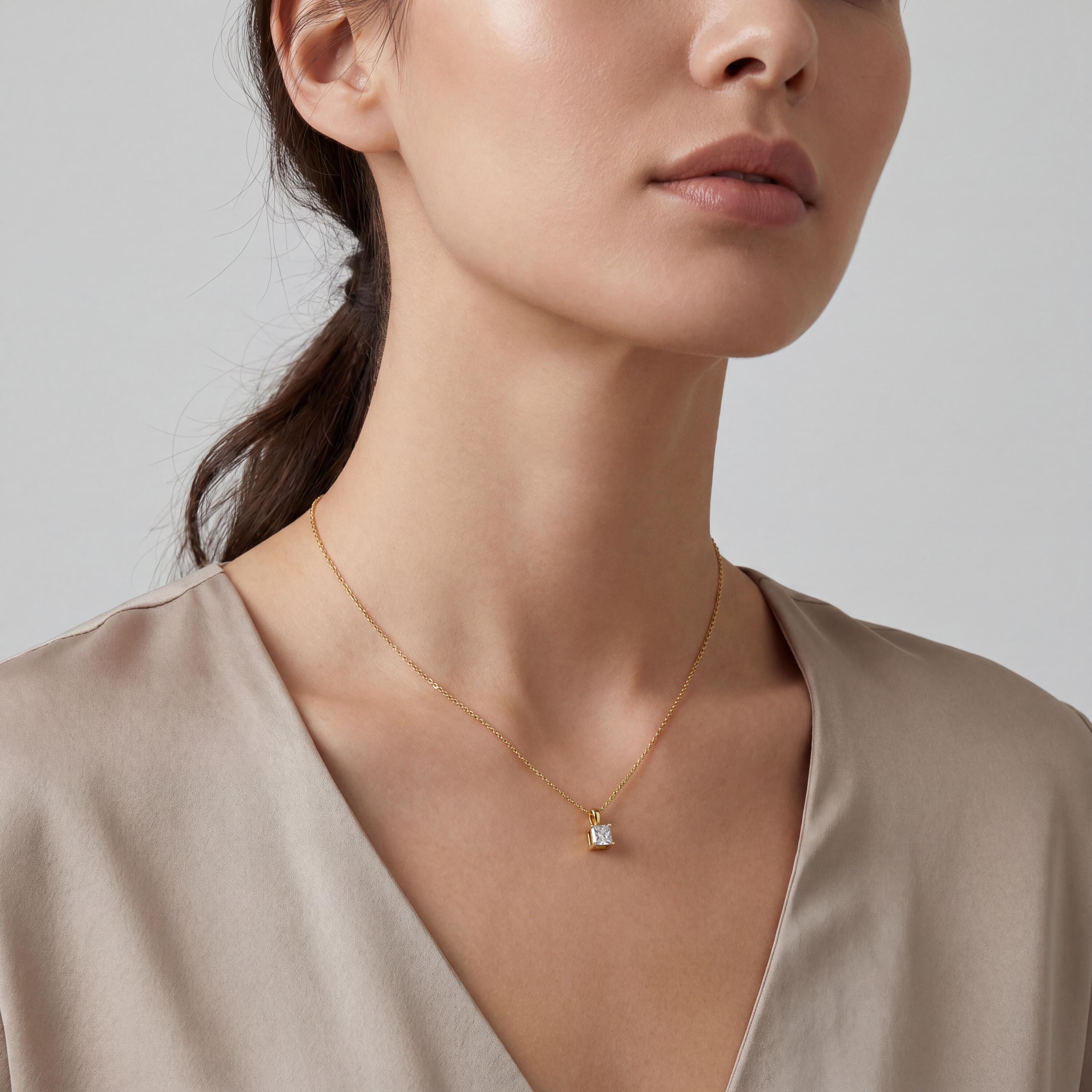 14K Gold Diamond Prong Set Pendant  Elegant Princess Cut Necklace  Dainty Modern Minimalist Gift For Her By JIORE