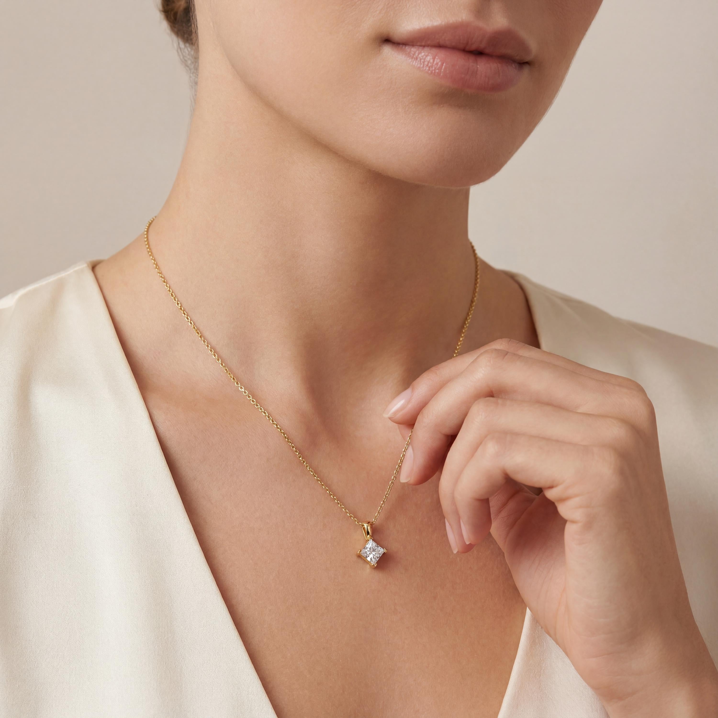 14K Gold Diamond Prong Set Pendant  Elegant Princess Cut Necklace  Dainty Modern Minimalist Gift For Her By JIORE