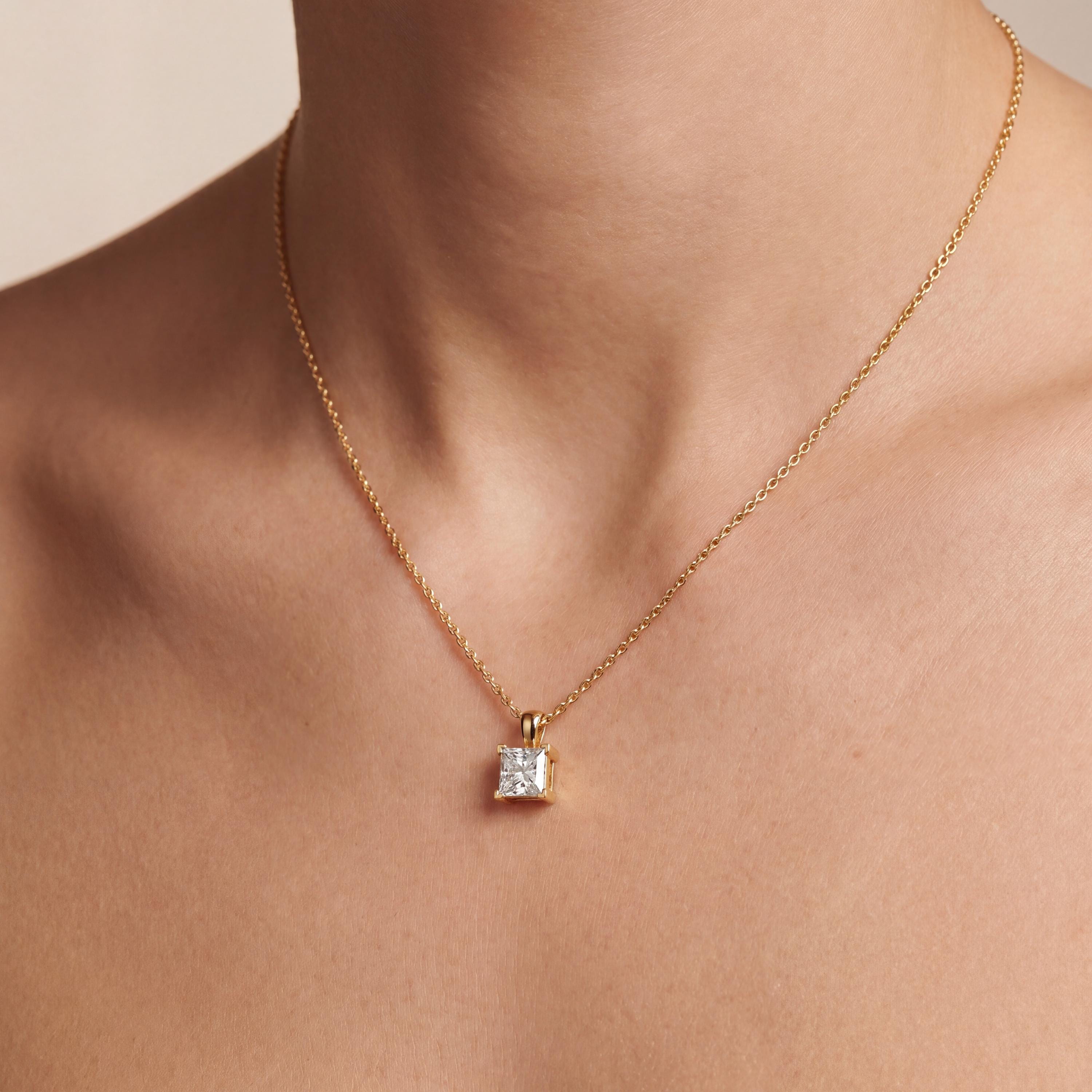 14K Gold Diamond Prong Set Pendant  Elegant Princess Cut Necklace  Dainty Modern Minimalist Gift For Her By JIORE