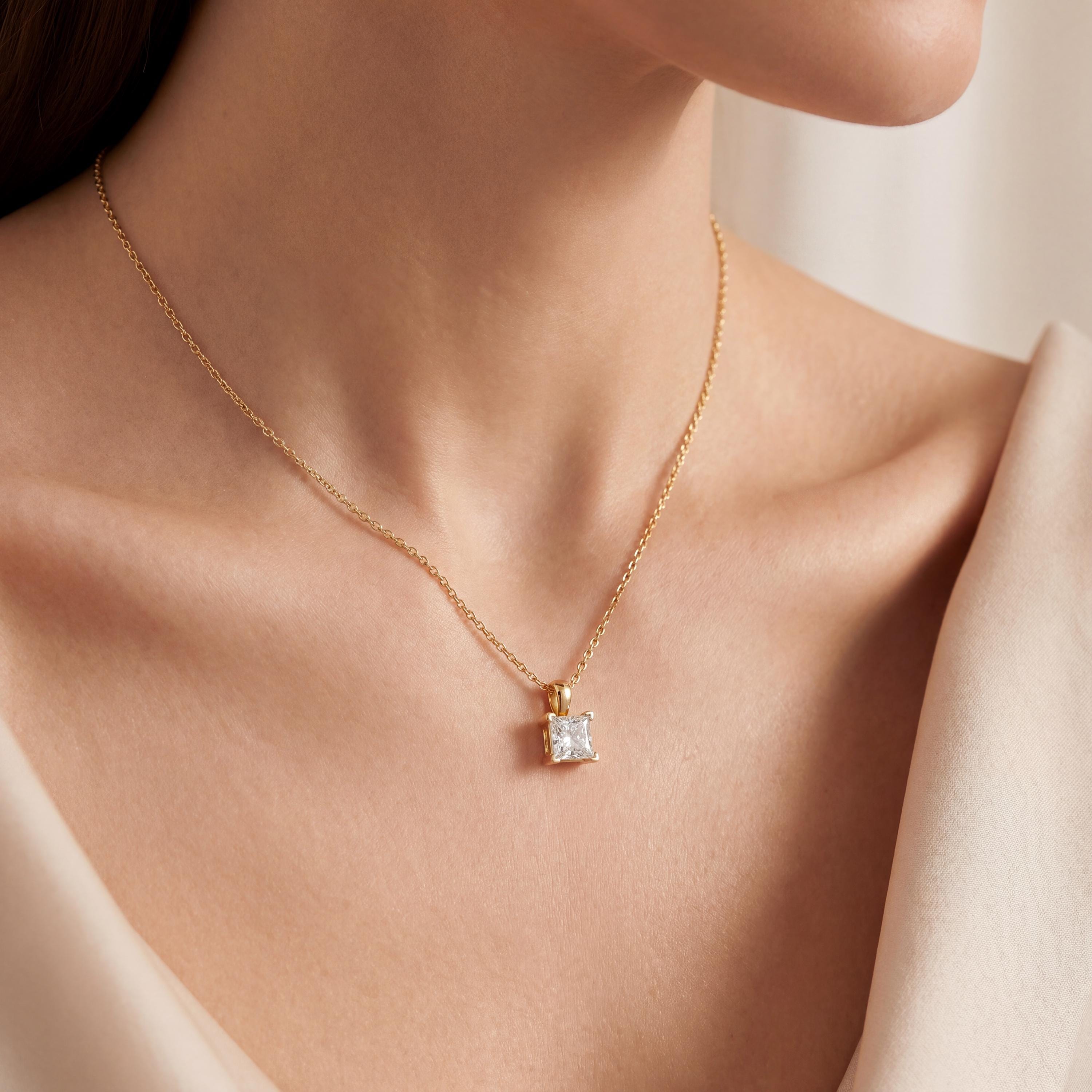 14K Gold Diamond Prong Set Pendant  Elegant Princess Cut Necklace  Dainty Modern Minimalist Gift For Her By JIORE