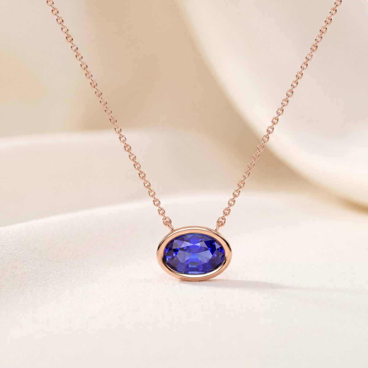 Oval Cut Sapphire Bezel Set Dainty Solitaire 14K Solid Gold Pendant Necklace