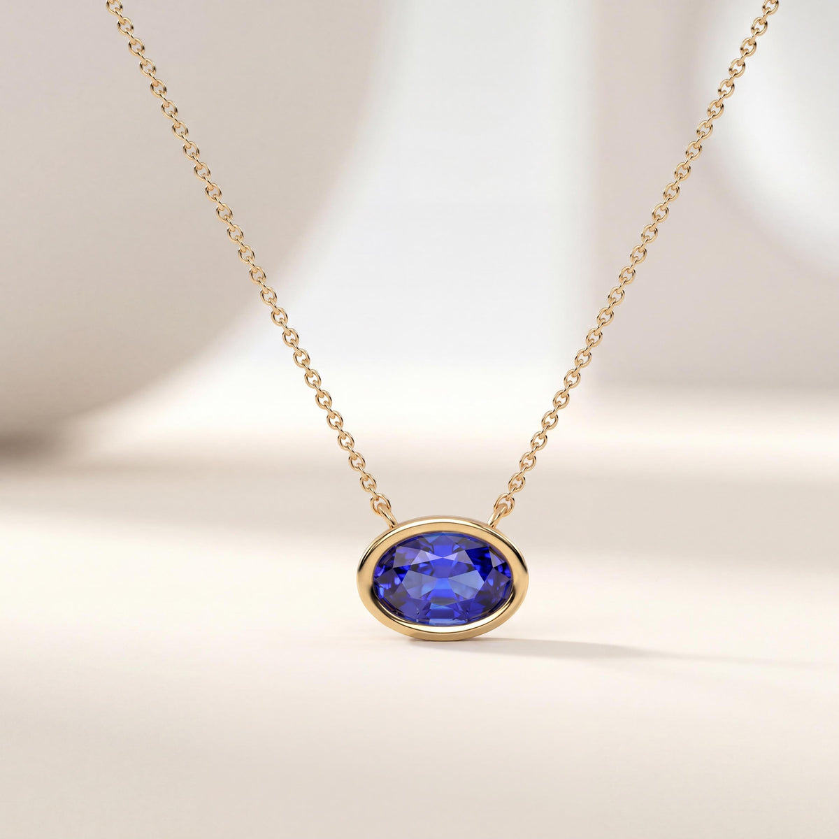Oval Cut Sapphire Bezel Set Dainty Solitaire 14K Solid Gold Pendant Necklace