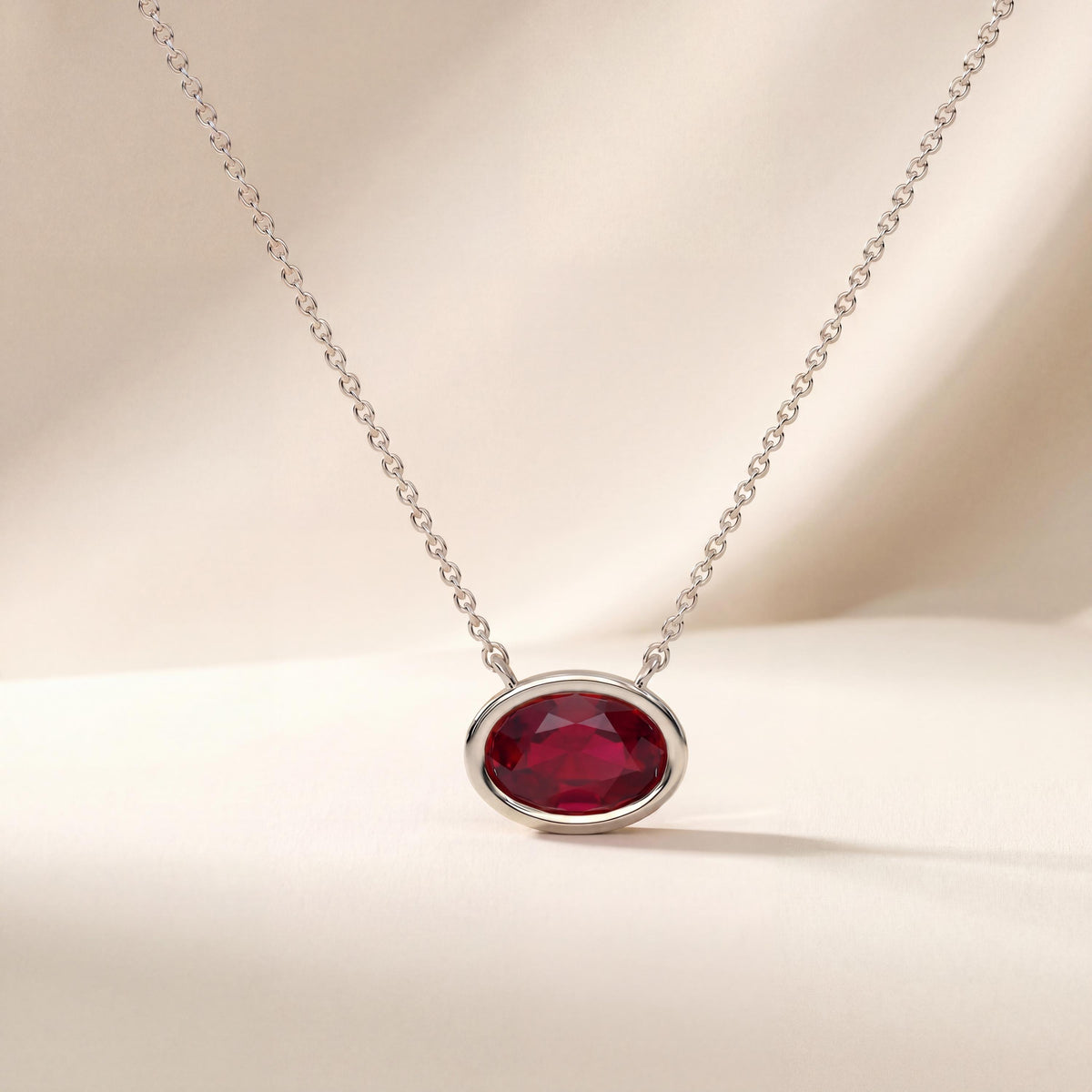 Oval Cut Ruby Bezel Set Dainty Solitaire 14K Solid Gold Pendant Necklace
