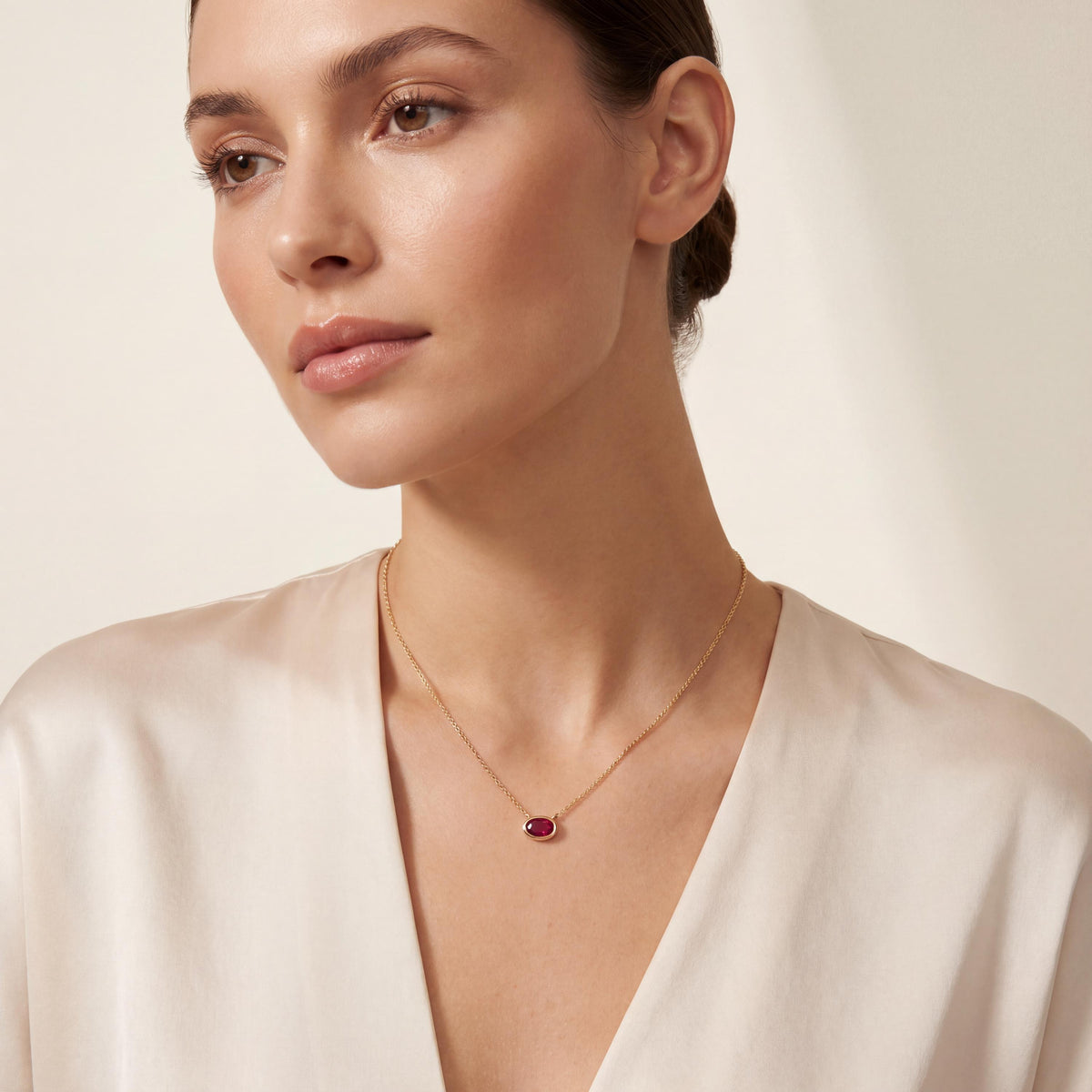 Oval Cut Ruby Bezel Set Dainty Solitaire 14K Solid Gold Pendant Necklace