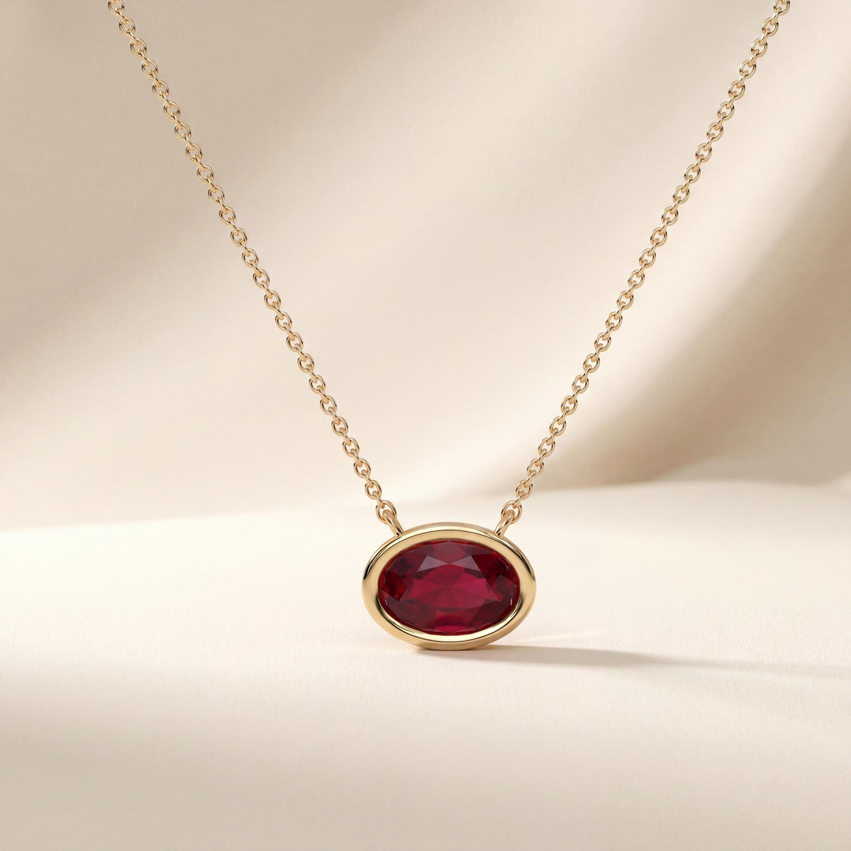 Oval Cut Ruby Bezel Set Dainty Solitaire 14K Solid Gold Pendant Necklace
