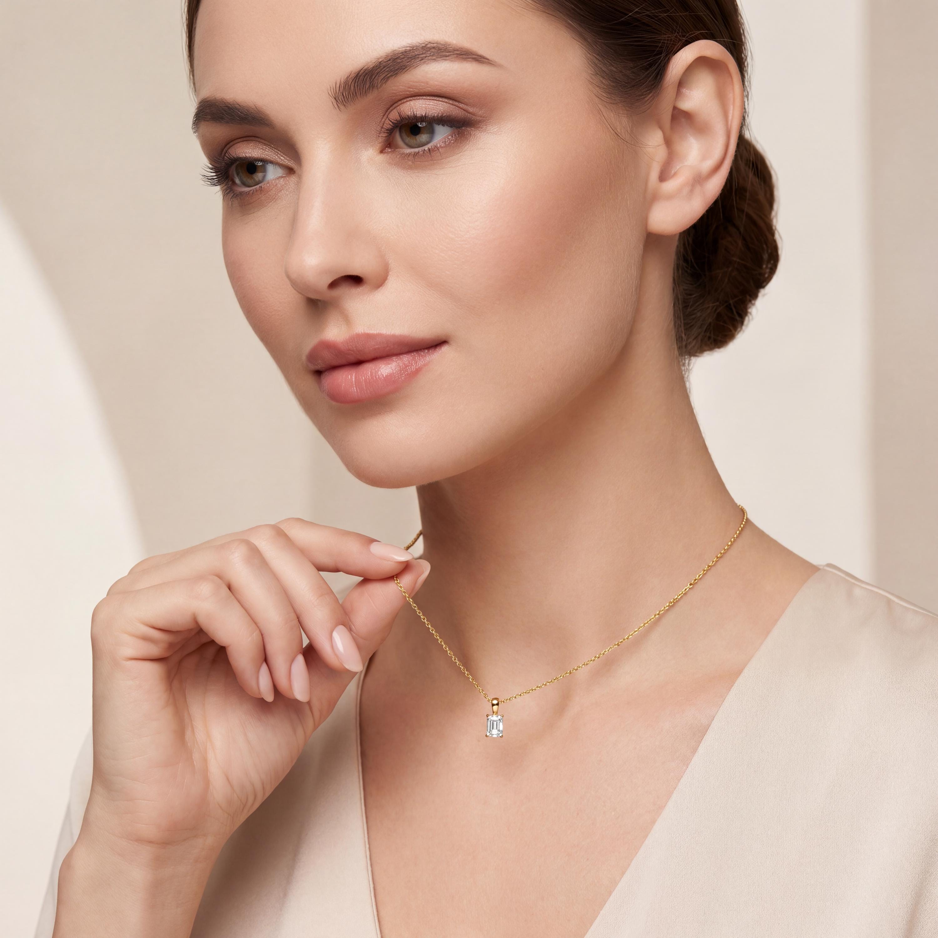 14K Gold Diamond Prong Set Pendant  Elegant Emerald Cut Necklace  Dainty Modern Minimalist Gift For Her By JIORE